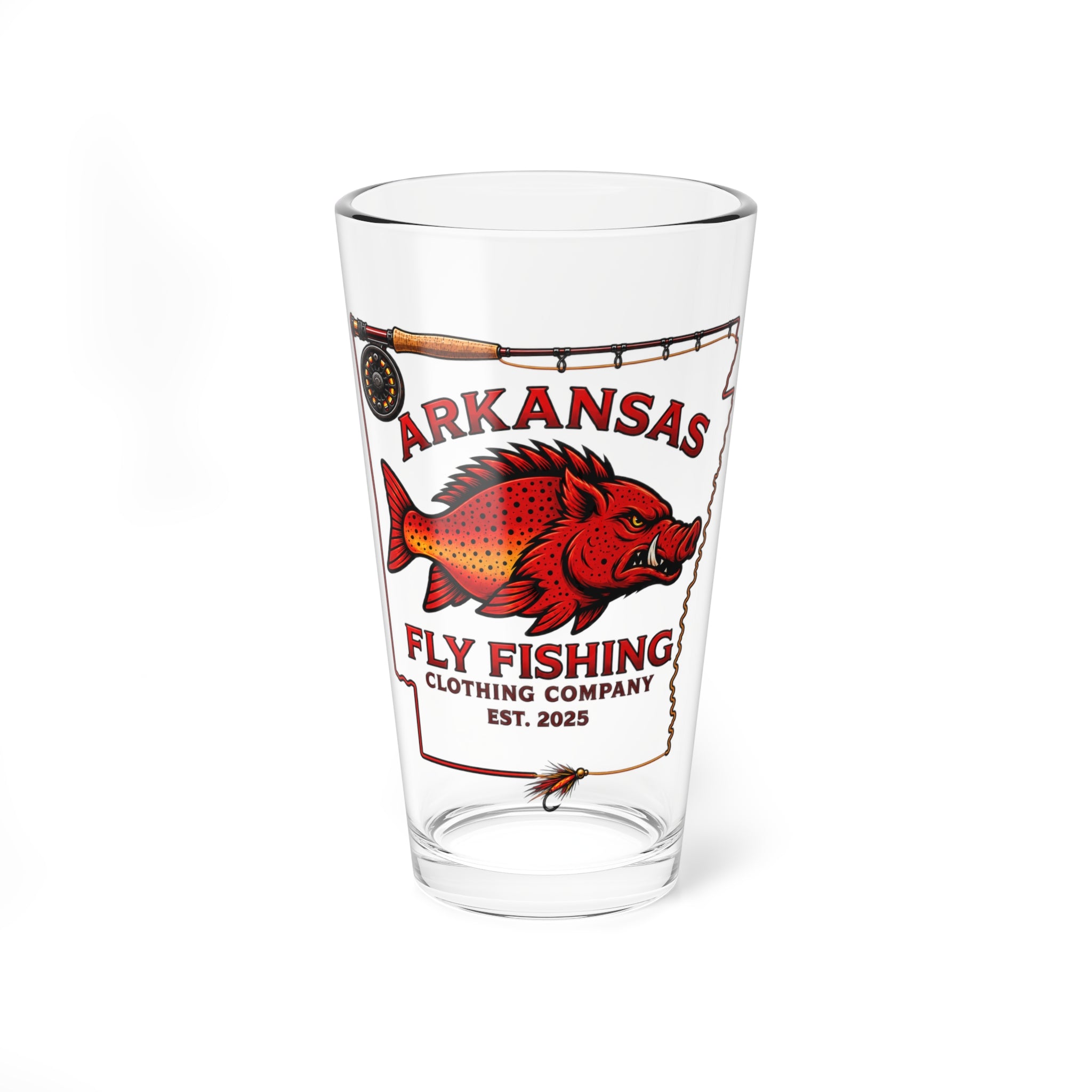 Arkansas Fly Fishing Clothing Co. 16oz Mixing Glass - Redfish Logo Pint Glass