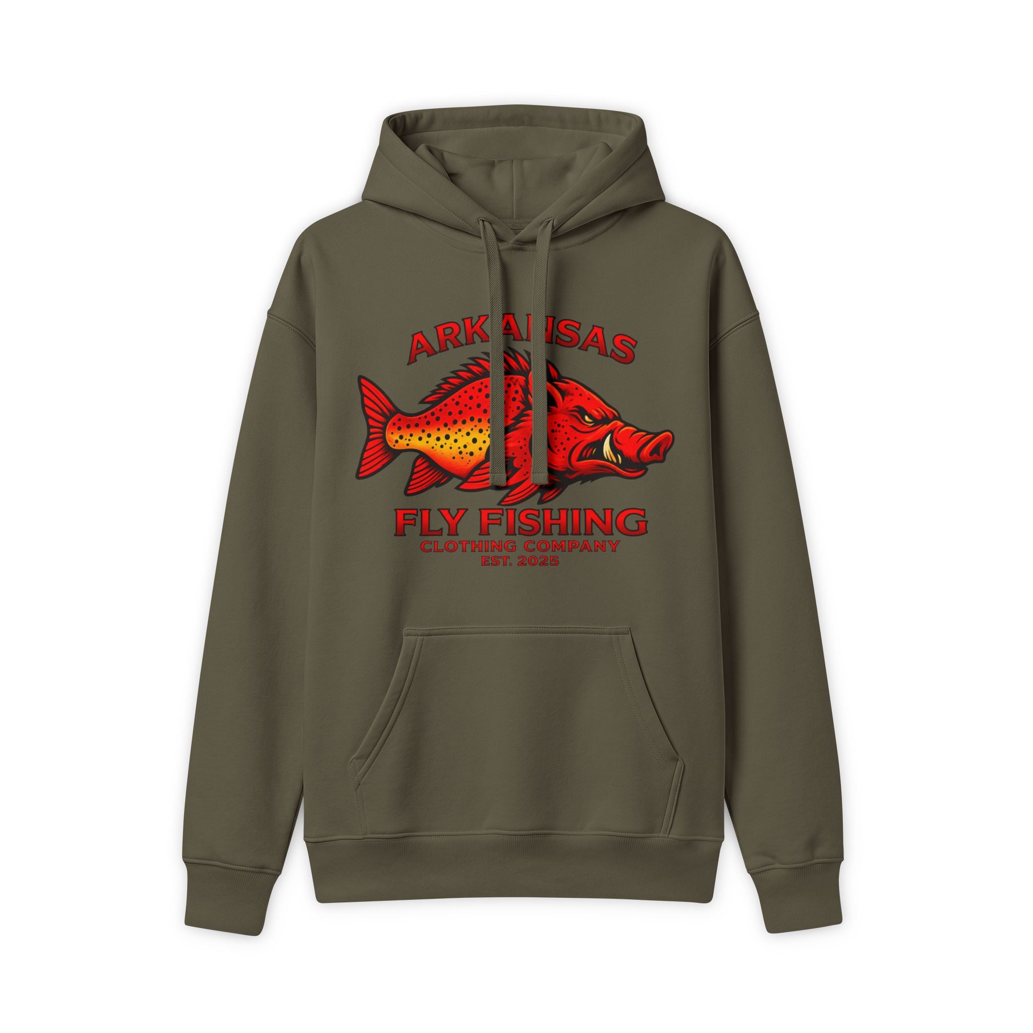 Arkansas Fly Fishing Clothing Company Premium Hooded Sweatshirt – Red Hog/Trout Graphic