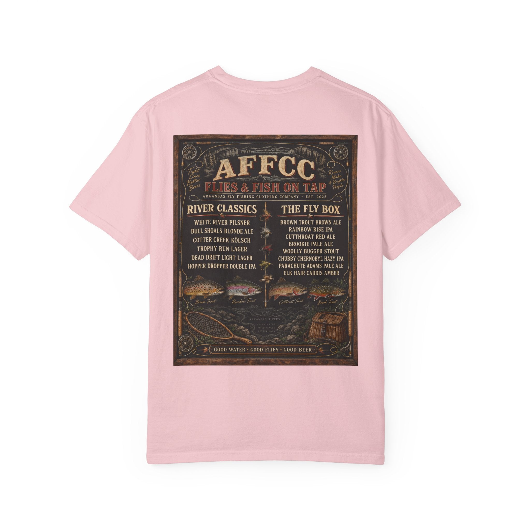 AFFCC Beer Menu Fly Fishing T‑Shirt — AFCC River Classics Vintage Patch Design