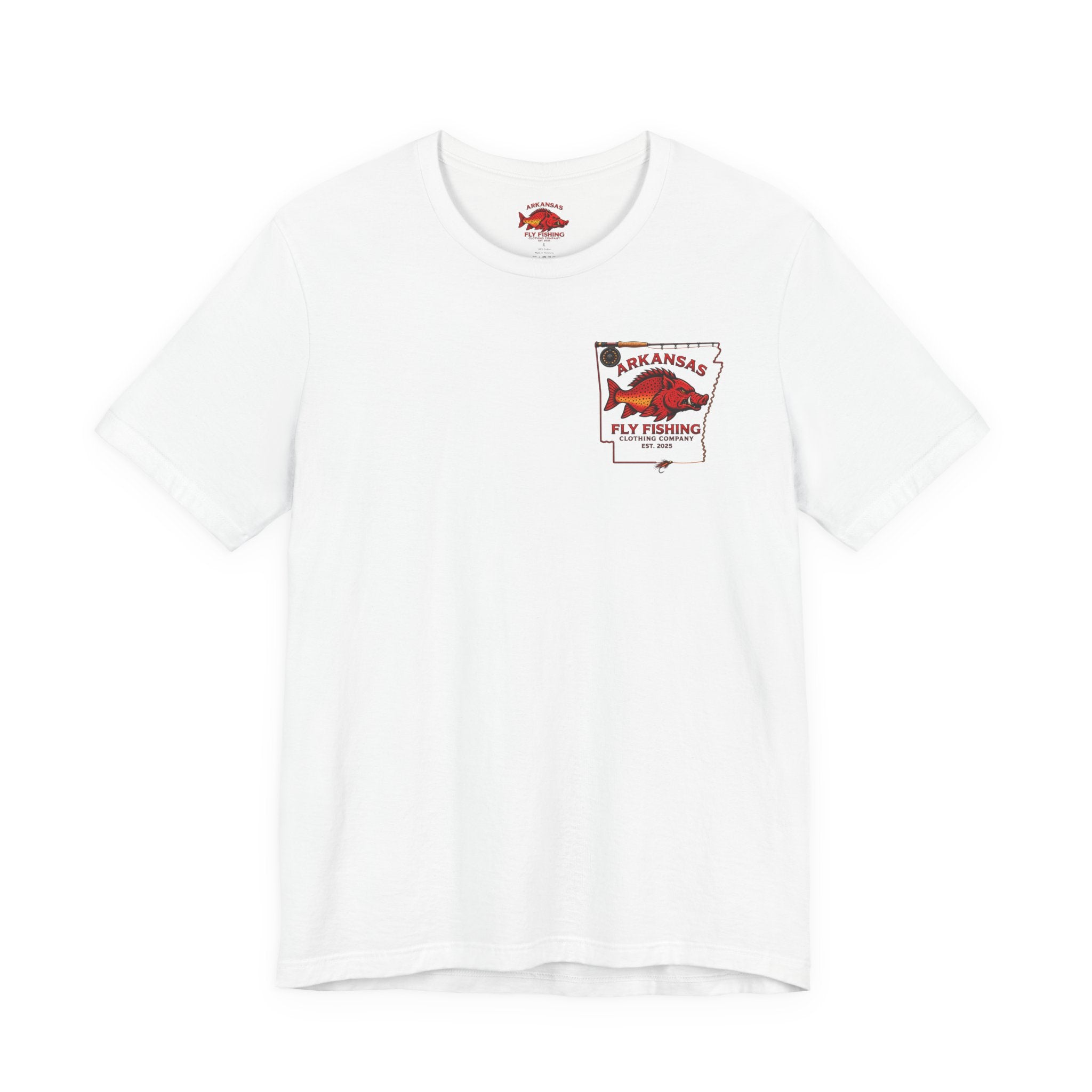 Athletic fit Runs Small Arkansas Fly Fishing Clothing Co. State outline Tee — Redfish State Map Pocket & Back Graphic