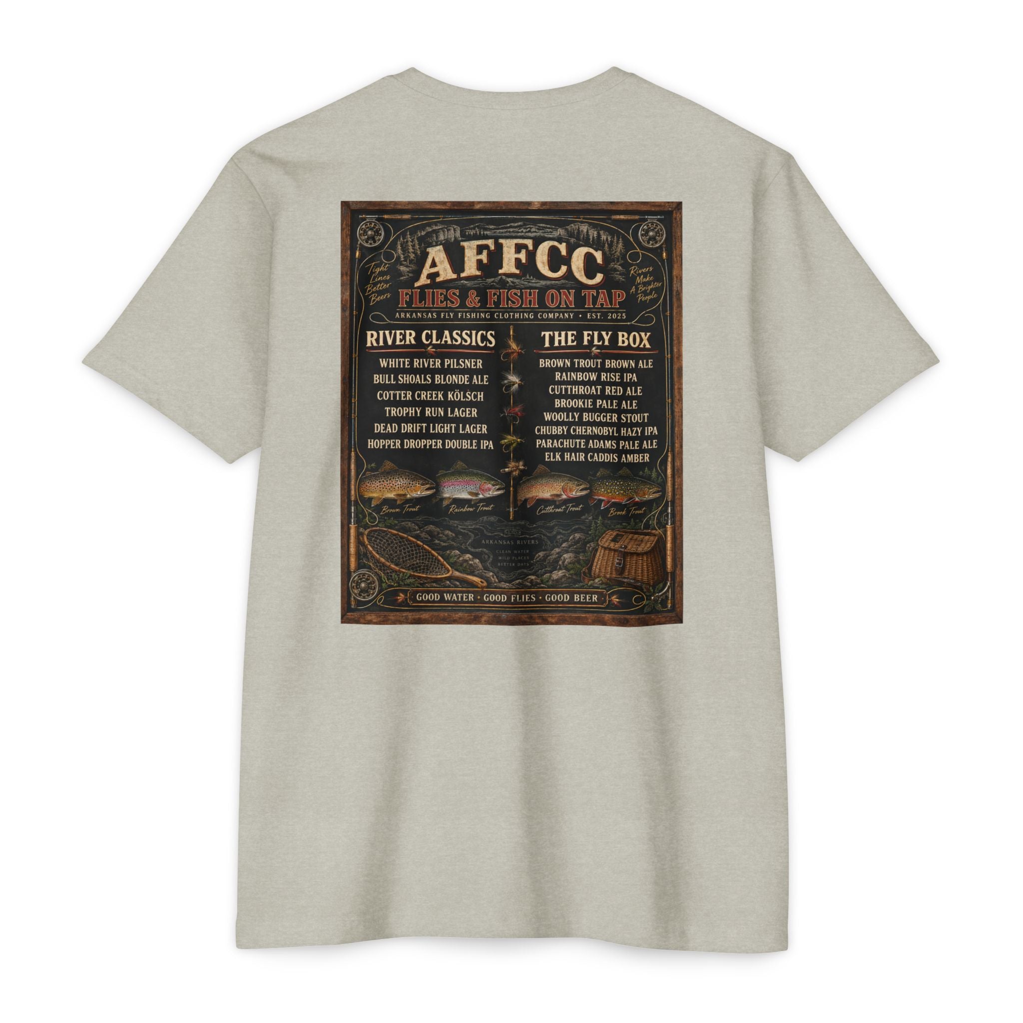 AFFCC Beer Menu Graphic T-Shirt — AFCCC 'Flies & Fish on Tap' Pocket & Back Print