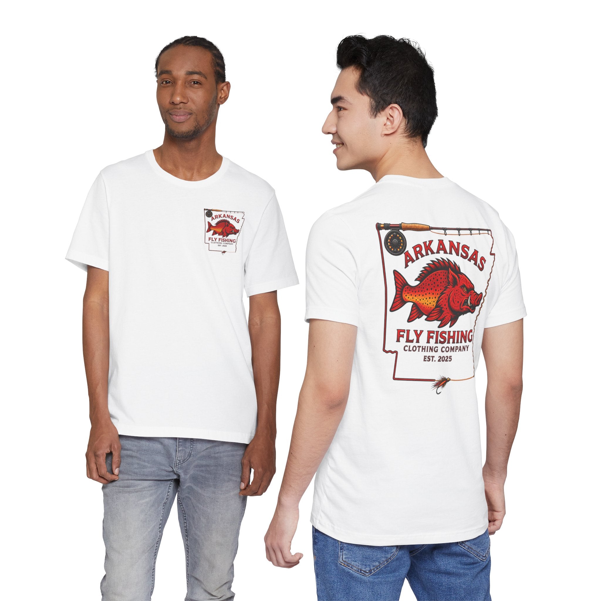 Athletic fit Runs Small Arkansas Fly Fishing Clothing Co. State outline Tee — Redfish State Map Pocket & Back Graphic