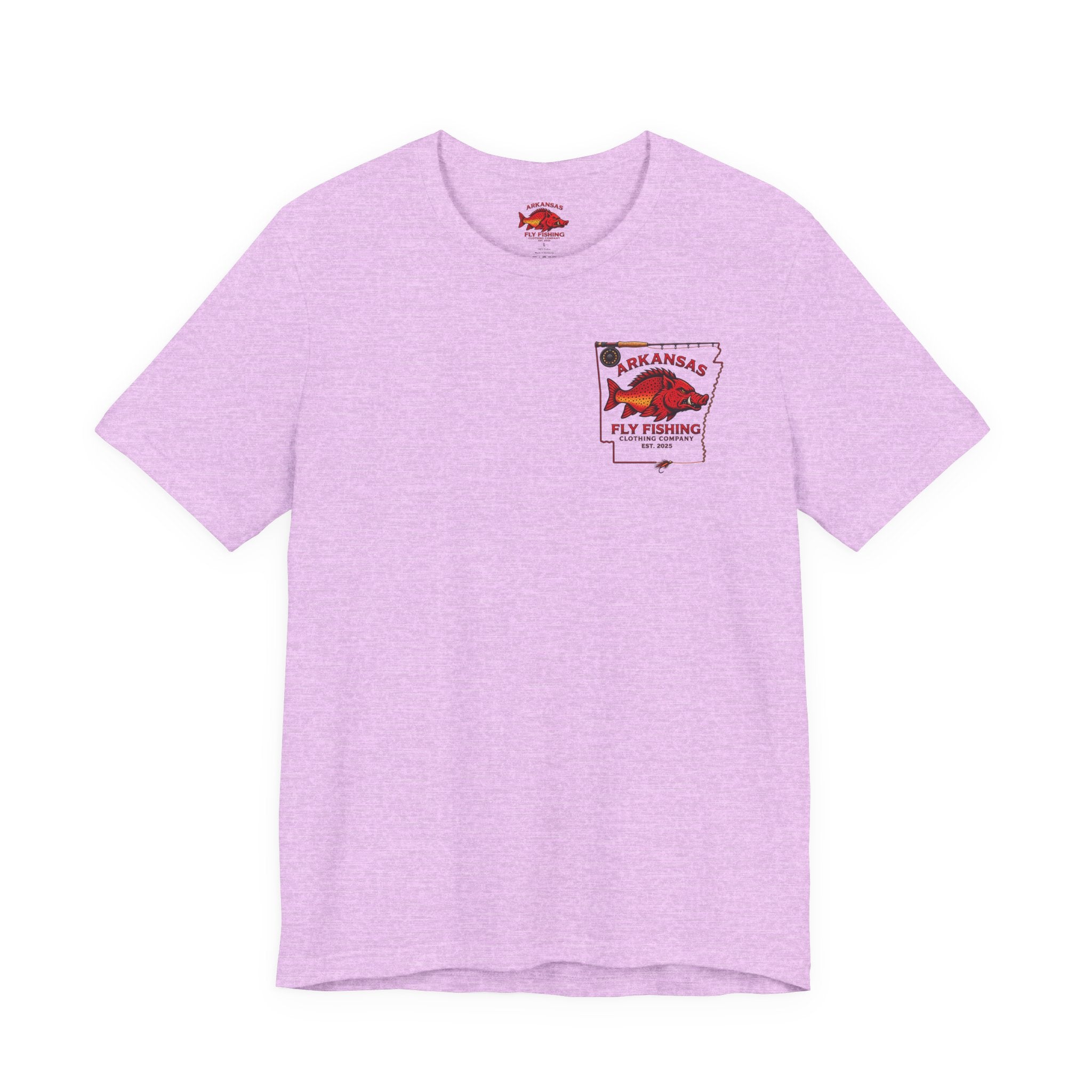 Athletic fit Runs Small Arkansas Fly Fishing Clothing Co. State outline Tee — Redfish State Map Pocket & Back Graphic