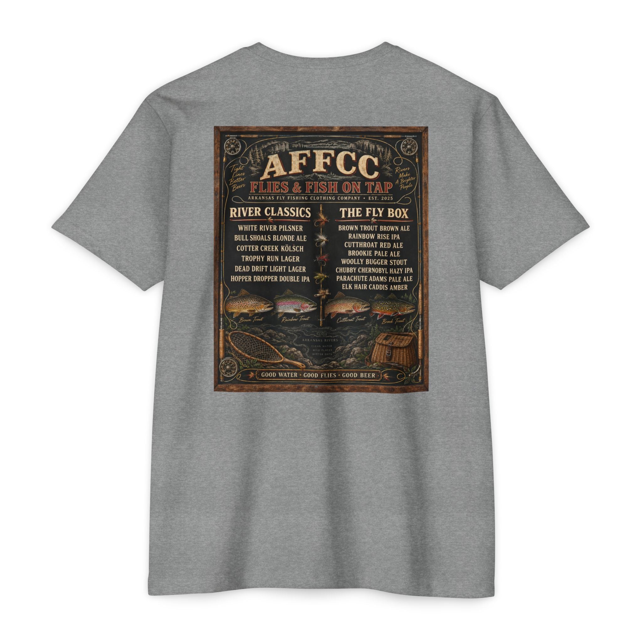 AFFCC Beer Menu Graphic T-Shirt — AFCCC 'Flies & Fish on Tap' Pocket & Back Print