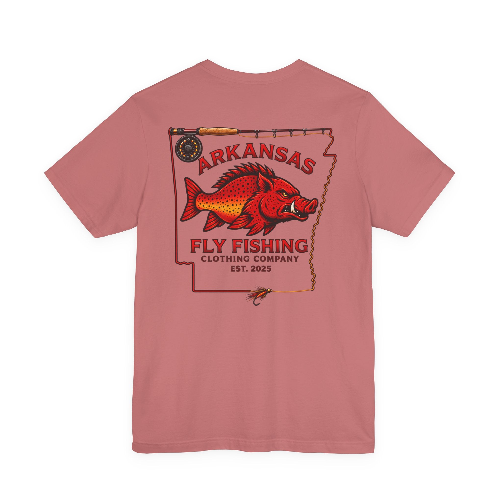 Athletic fit Runs Small Arkansas Fly Fishing Clothing Co. State outline Tee — Redfish State Map Pocket & Back Graphic