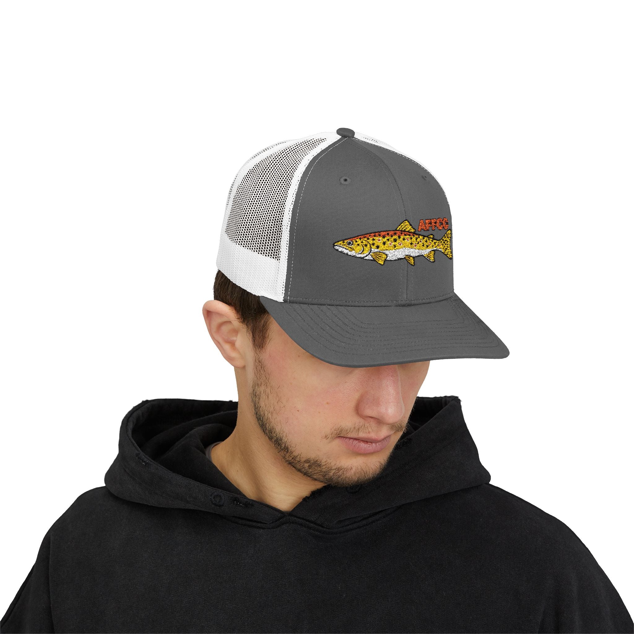AFFCC Brown Trout Embroidered Trucker Hat – Embroidered Brown Trout ‘AFFCC’ Fishing Hat