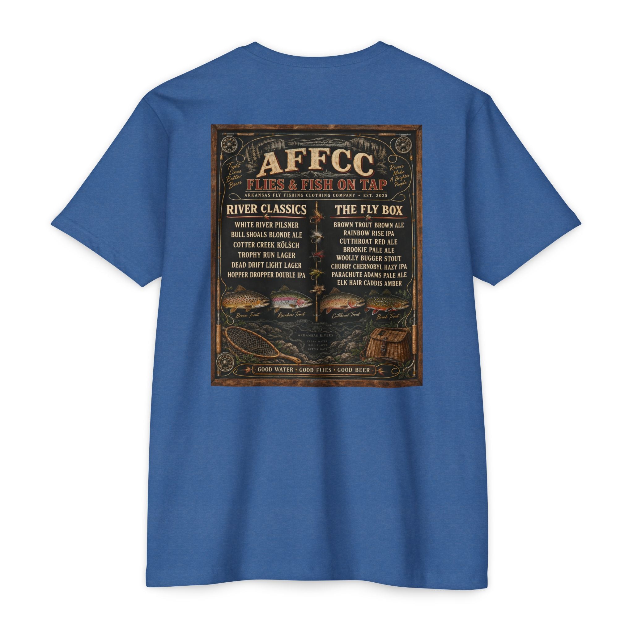 AFFCC Beer Menu Graphic T-Shirt — AFCCC 'Flies & Fish on Tap' Pocket & Back Print
