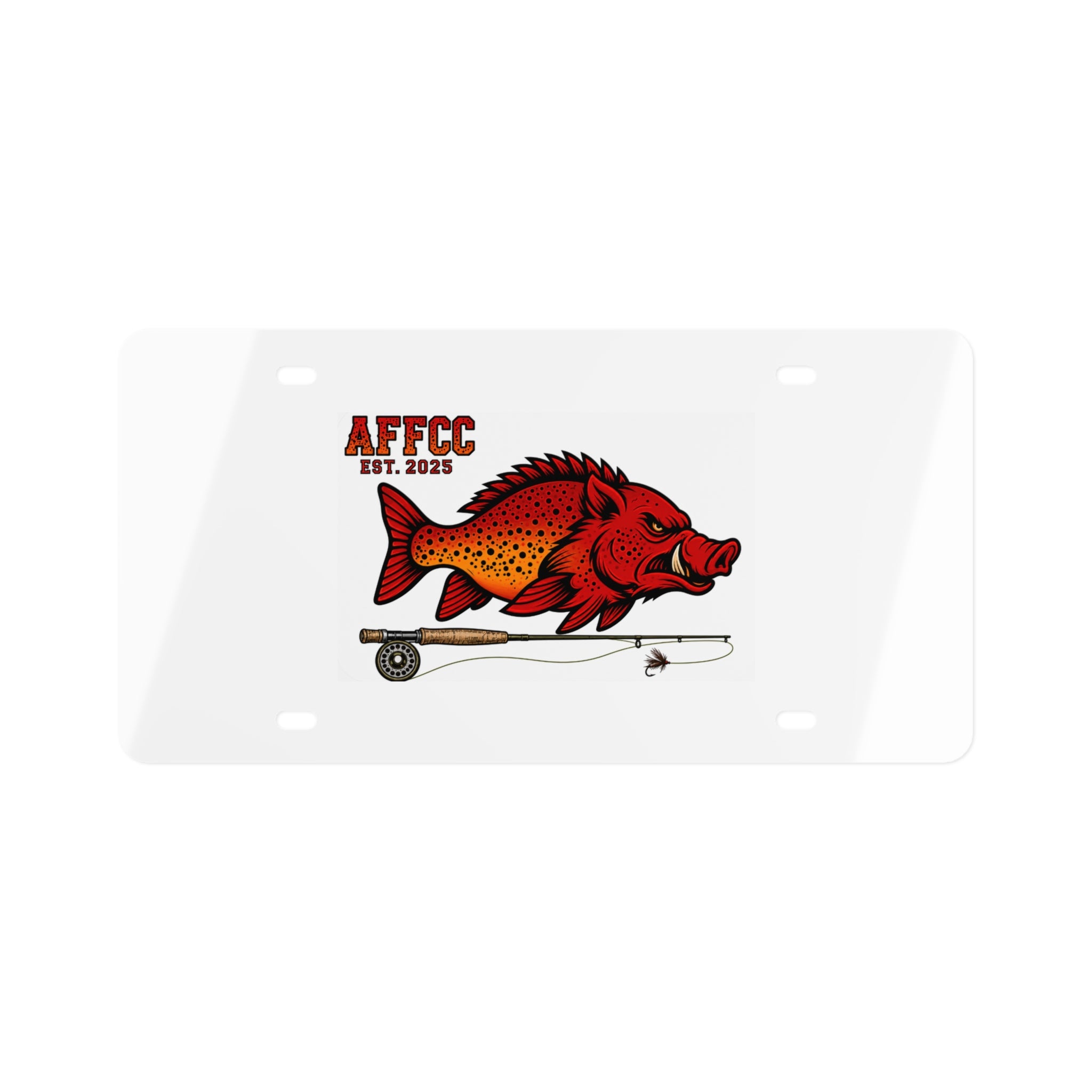 Arkansas Fly Fishing Clothing Company License Plate – AFCC Est. 2025 Razor/Trout with Fly Rod