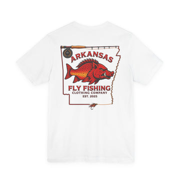 Athletic fit Runs Small Arkansas Fly Fishing Clothing Co. State outline Tee — Redfish State Map Pocket & Back Graphic