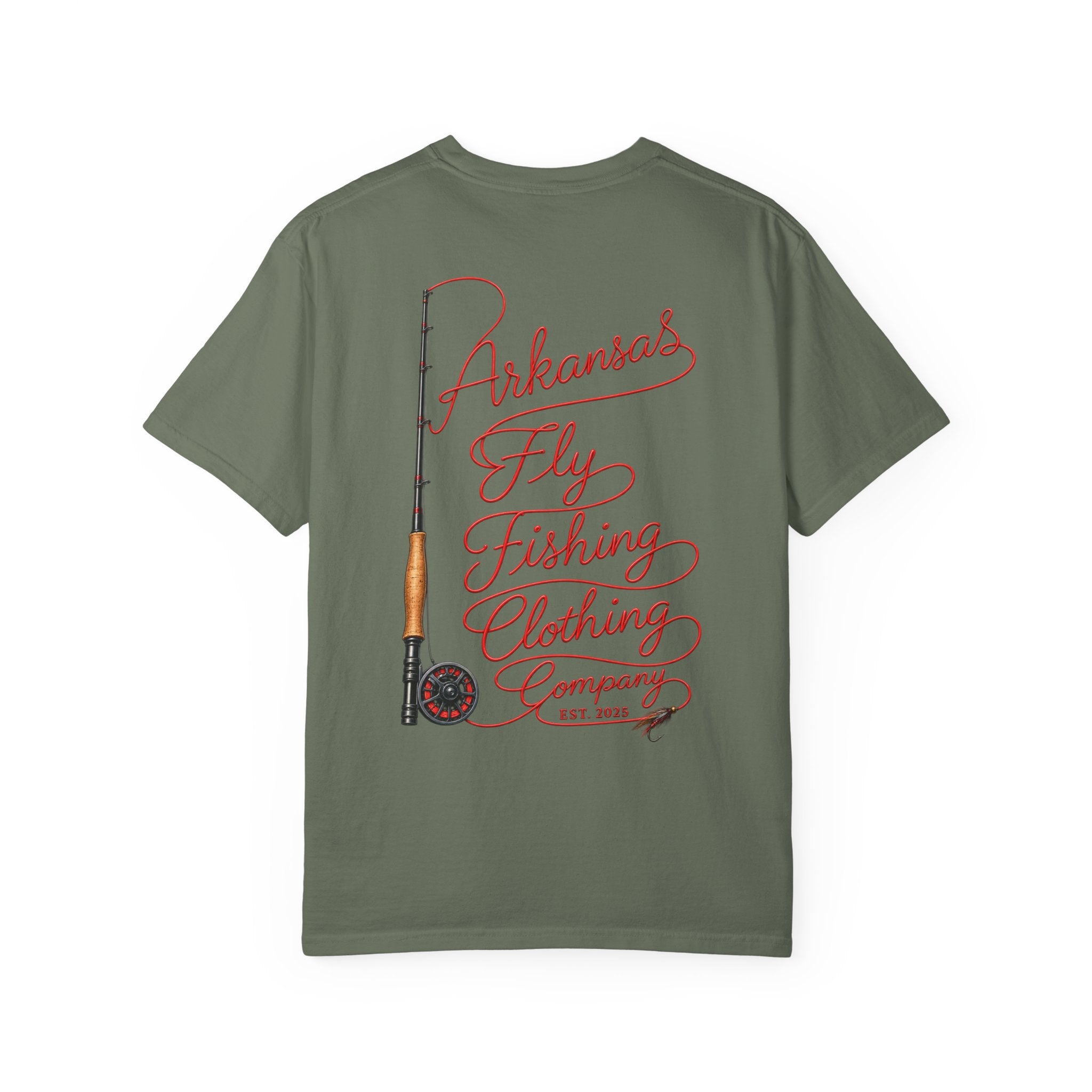 Arkansas Fly Fishing Clothing Company T-Shirt | Fly Rod Script Back Print