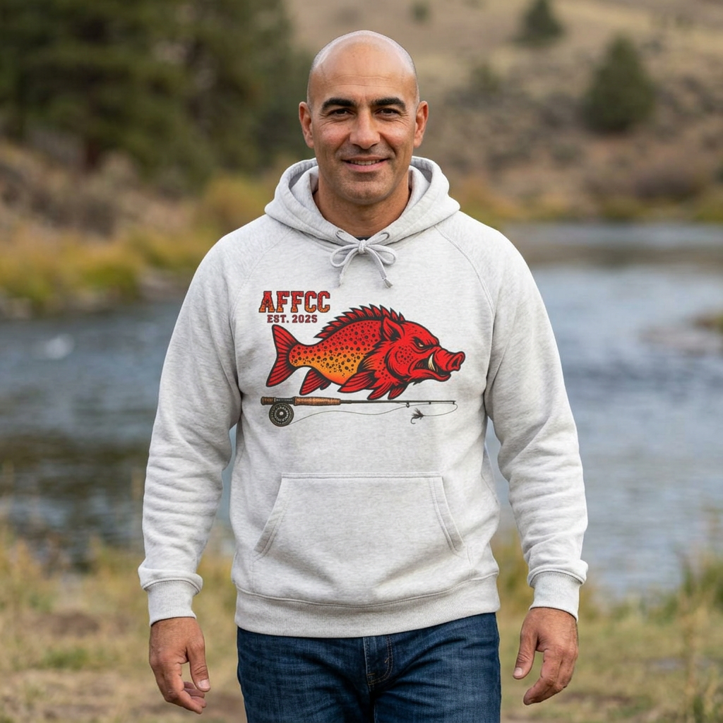 Arkansas Fly Fishing Clothing Company Hoodie — AFFCC EST. 2025 Hog/Trout With Rod Graphic