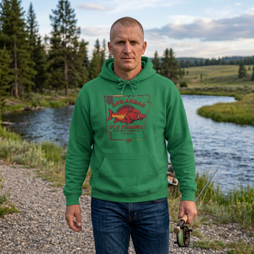 Arkansas Fly Fishing Clothing Company Hoodie – Vintage State Hog/Trout Design