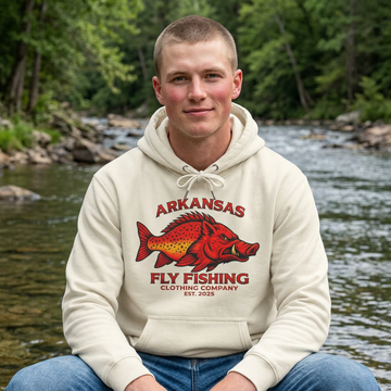 Arkansas Fly Fishing Clothing Company Premium Hooded Sweatshirt – Red Hog/Trout Graphic