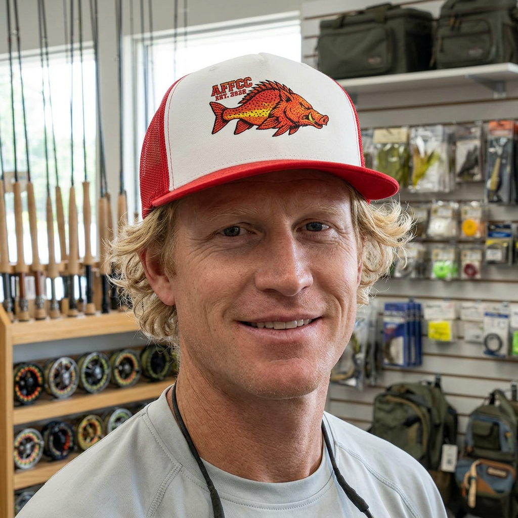 AFFCC Embroidered Hog/Trout Flat Bill Trucker Cap – Hot/Trout Logo Graphic Hat
