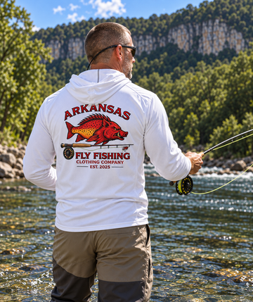 AFFCC Hog/Trout Logo With Fly Rod Graphic Solar Hoodie — Retro Hot/Trout Logo Hoodie