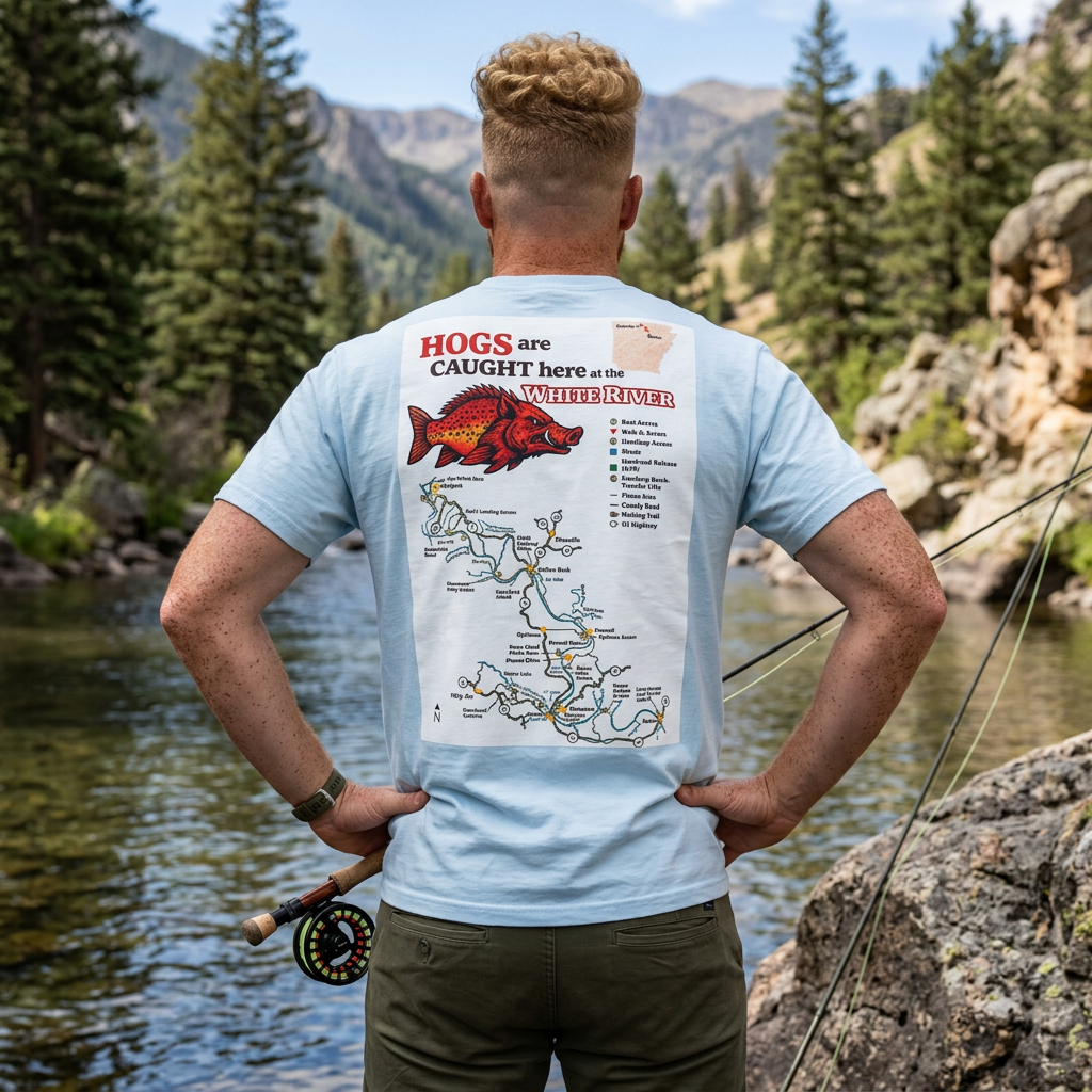 AFFCC White River Fishing Map T-Shirt — “Hogs Are Caught Here” Arkansas White River Trout Map
