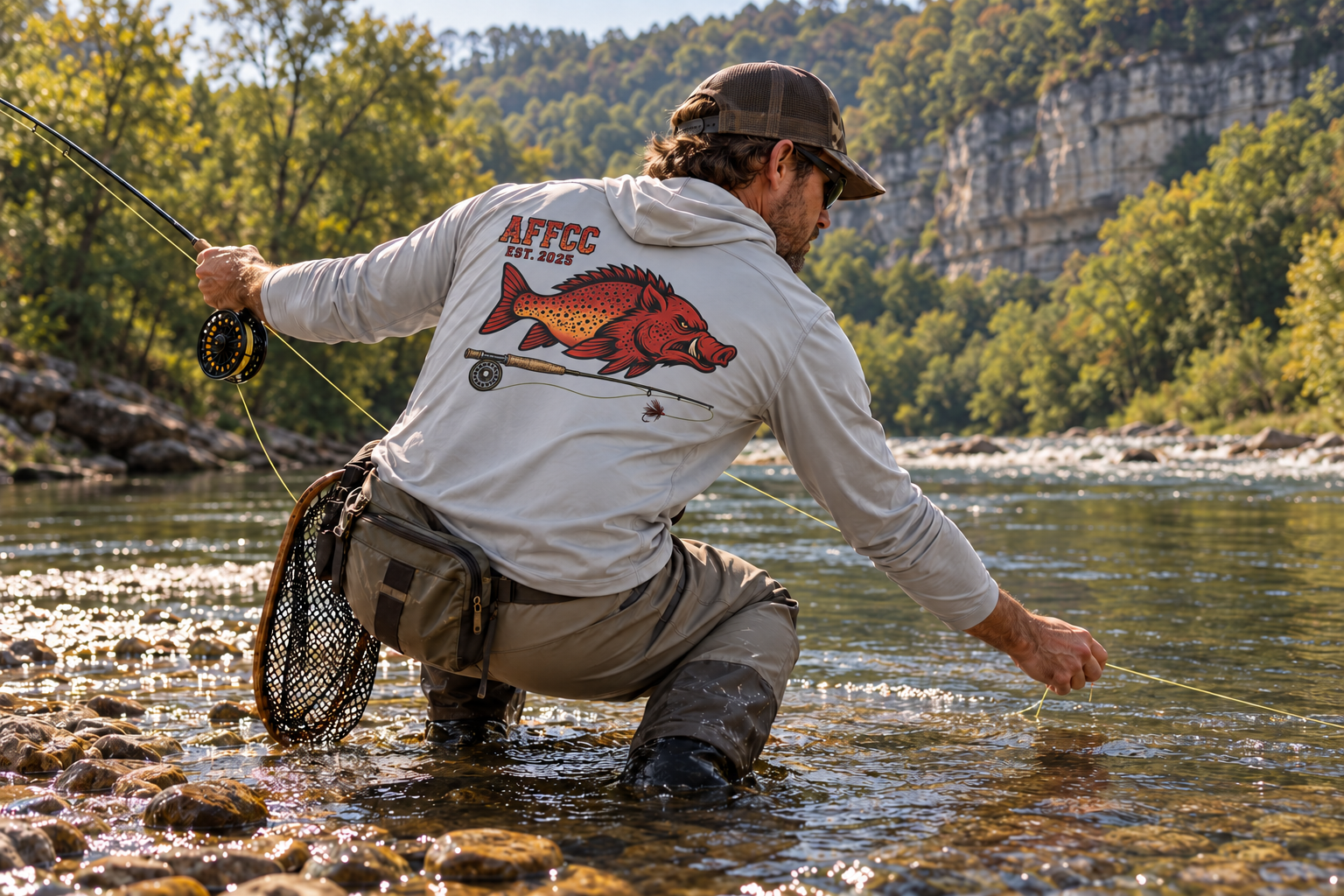 AFFCC Hog/Trout with Fly Rod Sun Hoodie— AFCC Hog/Trout Graphic Solar Hoodie