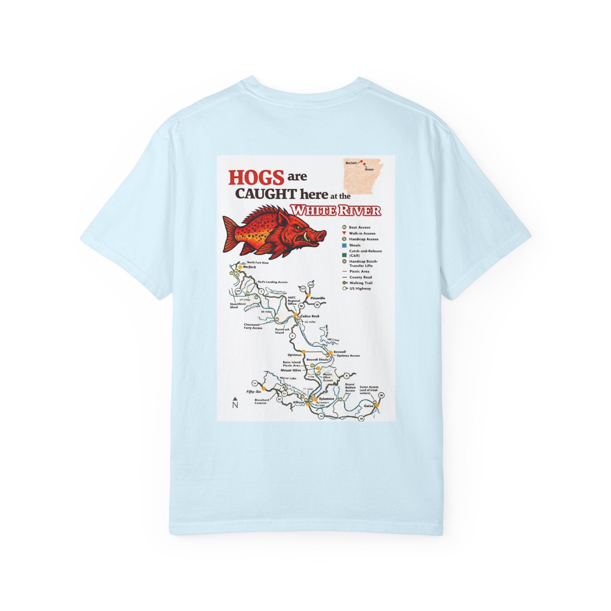 AFFCC White River Fishing Map T-Shirt — “Hogs Are Caught Here” Arkansas White River Trout Map