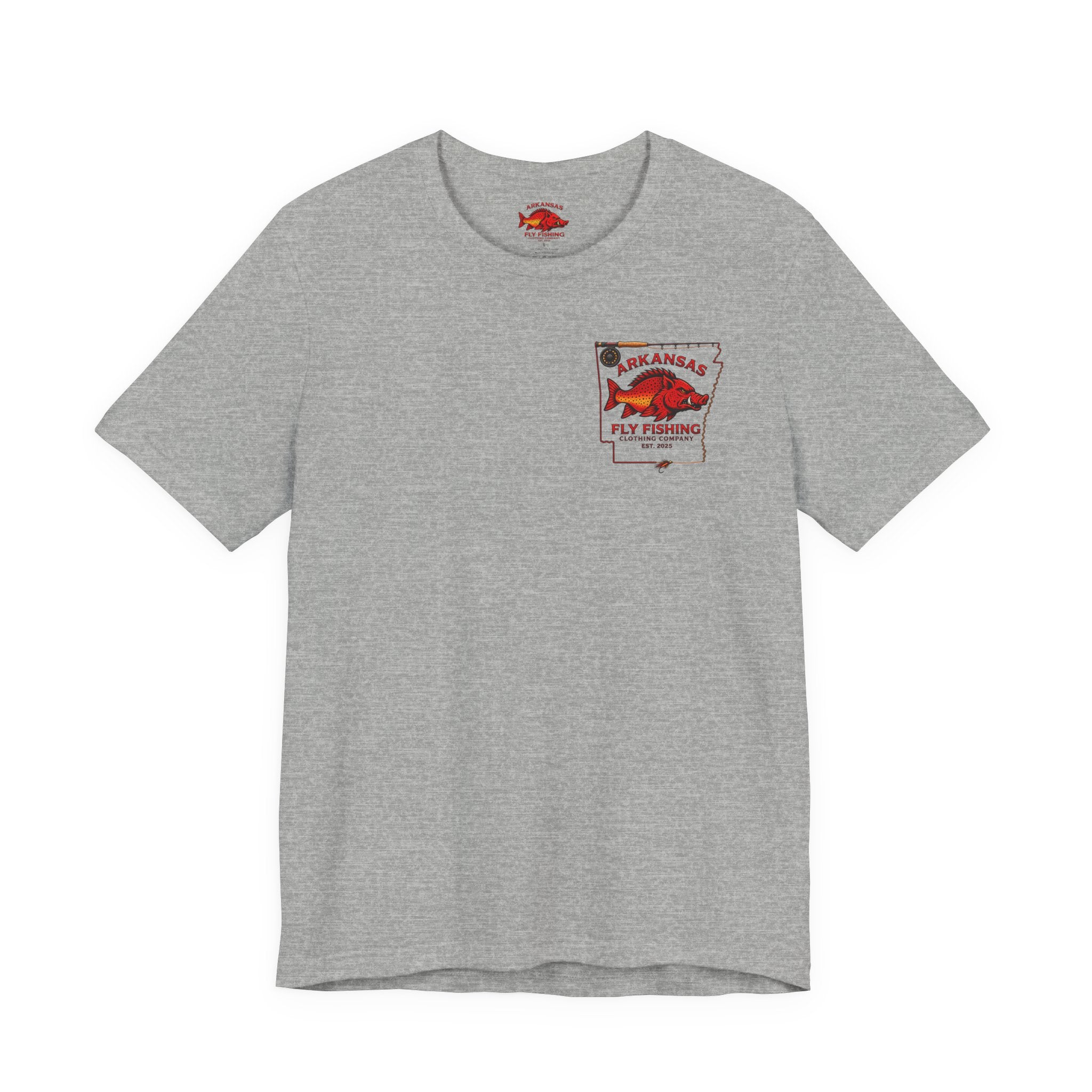Athletic fit Runs Small Arkansas Fly Fishing Clothing Co. State outline Tee — Redfish State Map Pocket & Back Graphic