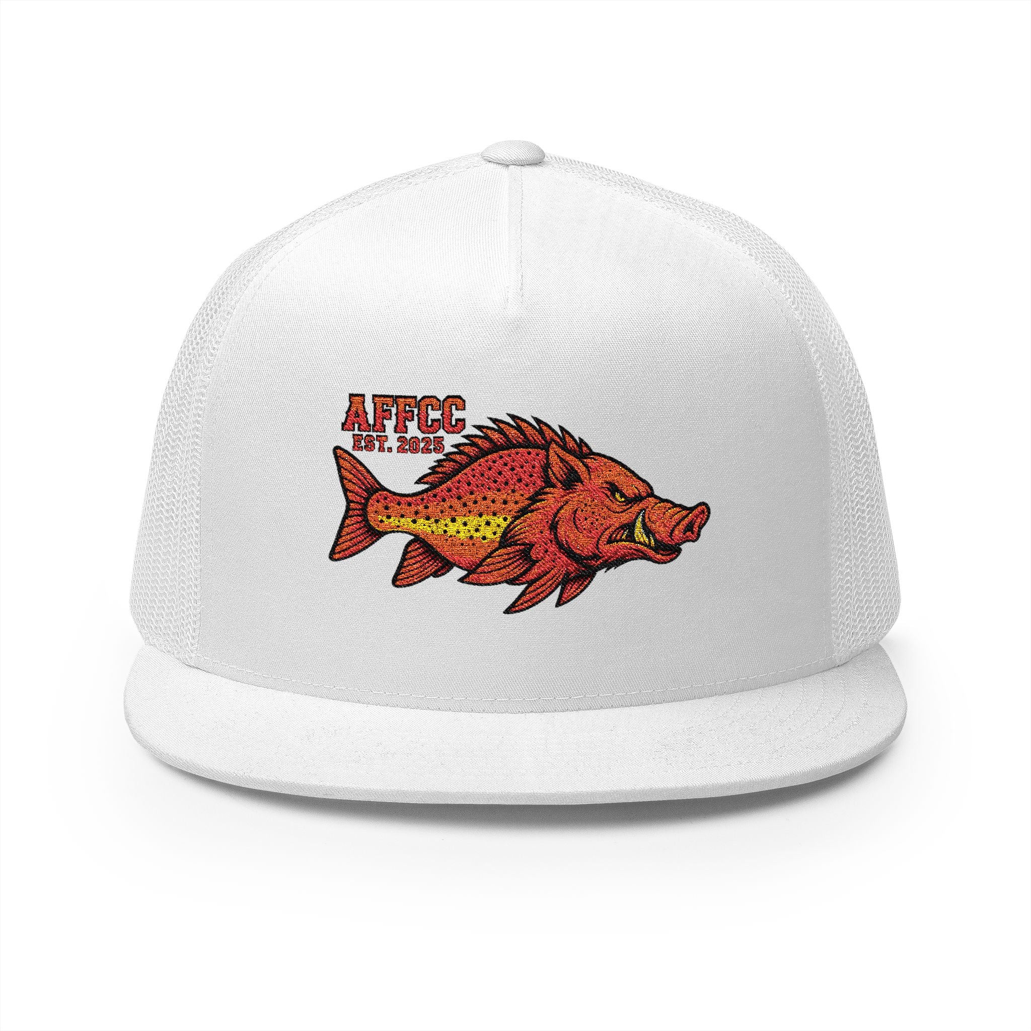 AFFCC Embroidered Hog/Trout Flat Bill Trucker Cap – Hot/Trout Logo Graphic Hat