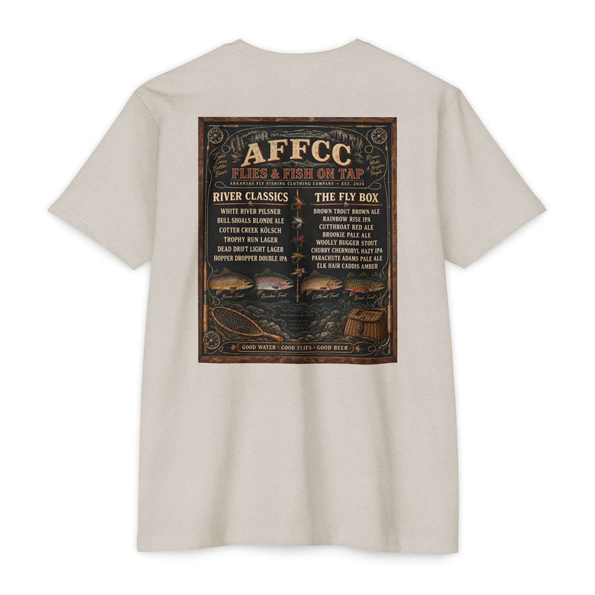 AFFCC Beer Menu Graphic T-Shirt — AFCCC 'Flies & Fish on Tap' Pocket & Back Print