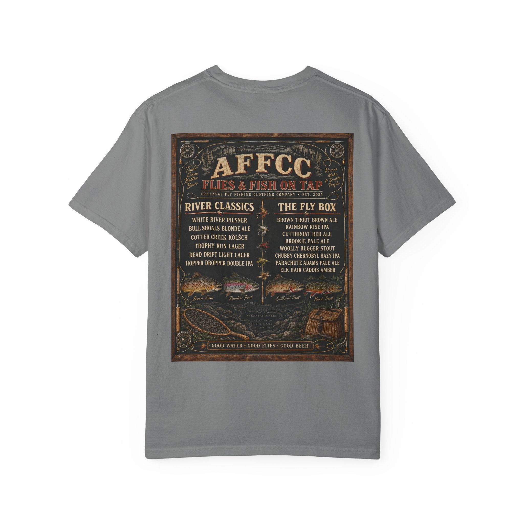 AFFCC Beer Menu Fly Fishing T‑Shirt — AFCC River Classics Vintage Patch Design