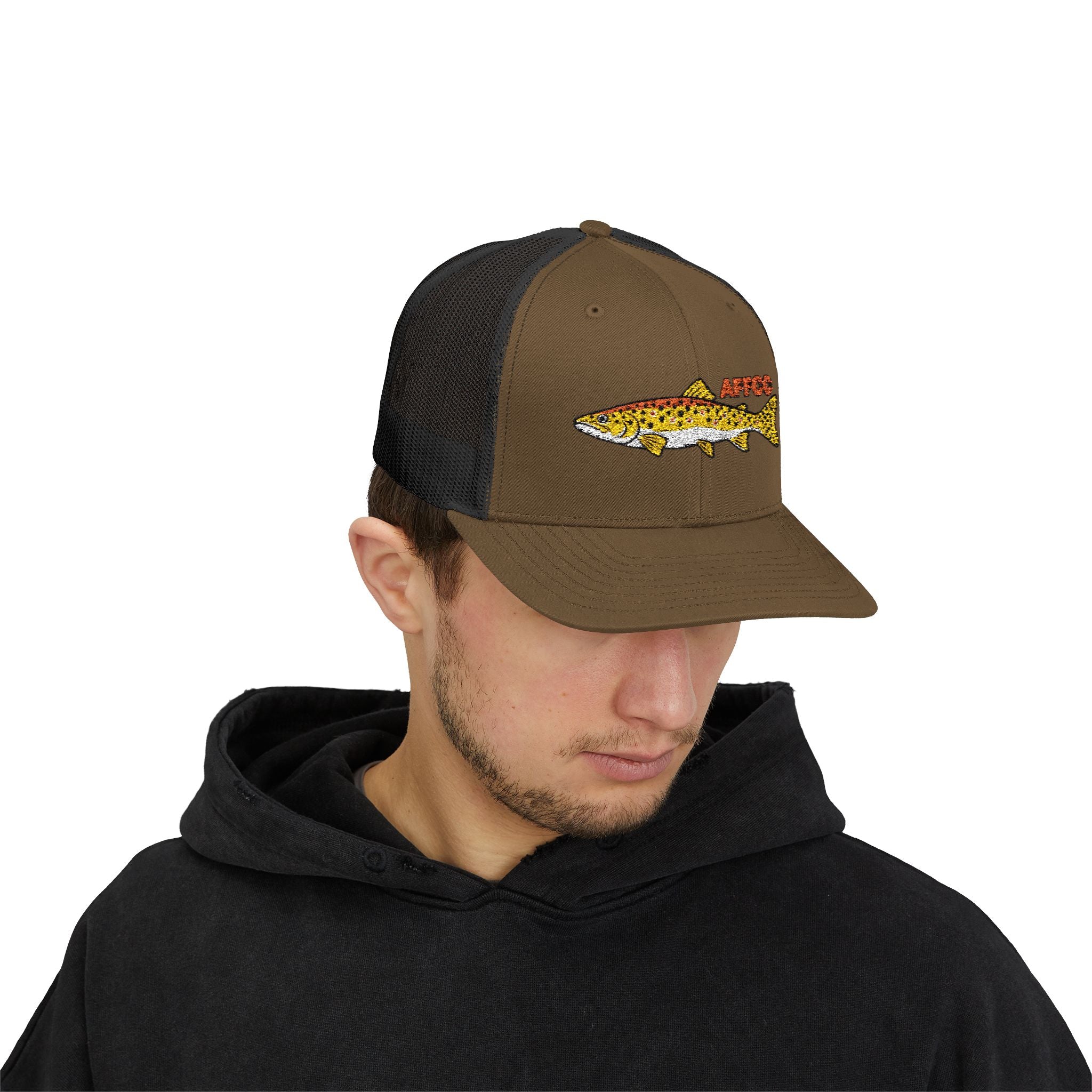 AFFCC Brown Trout Embroidered Trucker Hat – Embroidered Brown Trout ‘AFFCC’ Fishing Hat