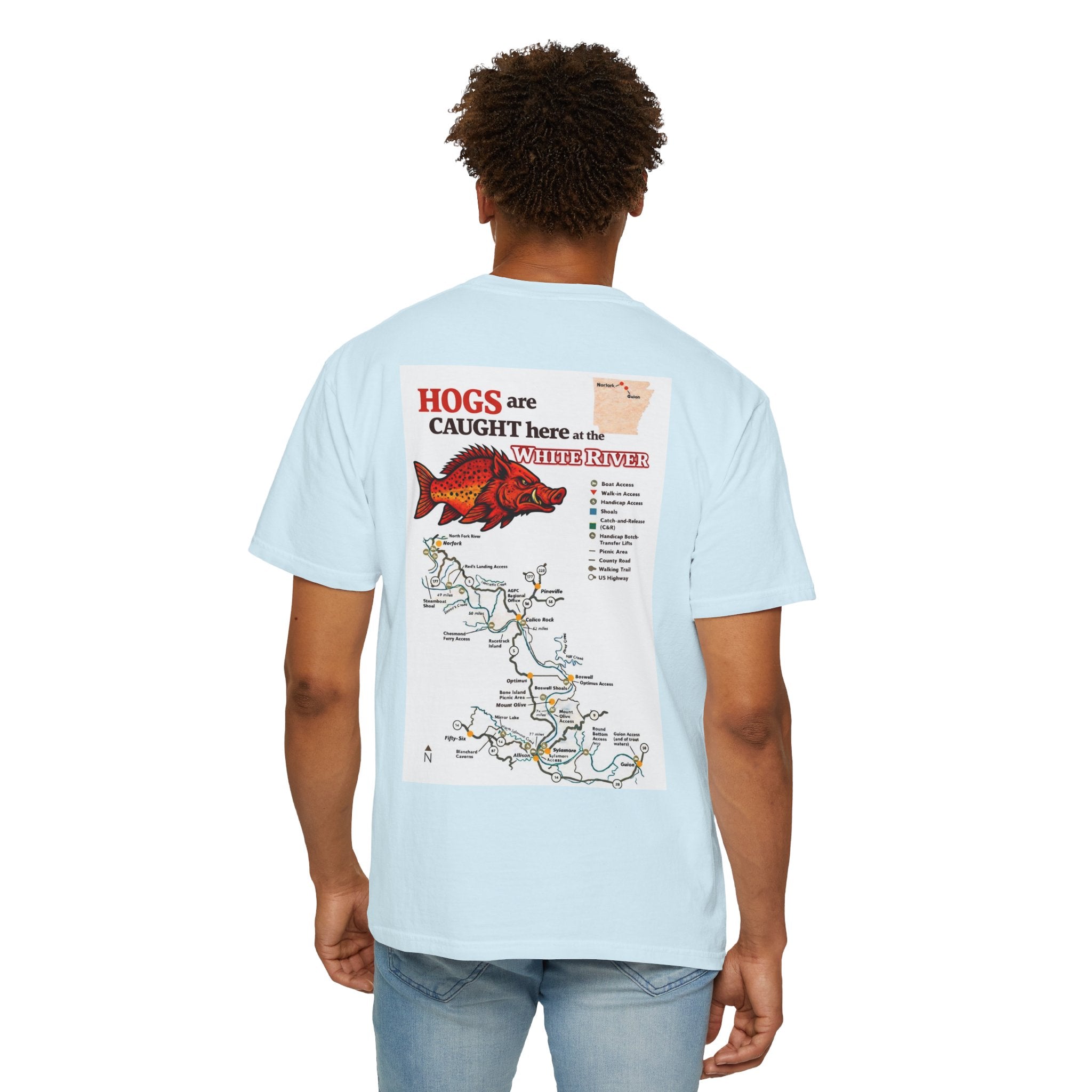 AFFCC White River Fishing Map T-Shirt — “Hogs Are Caught Here” Arkansas White River Trout Map