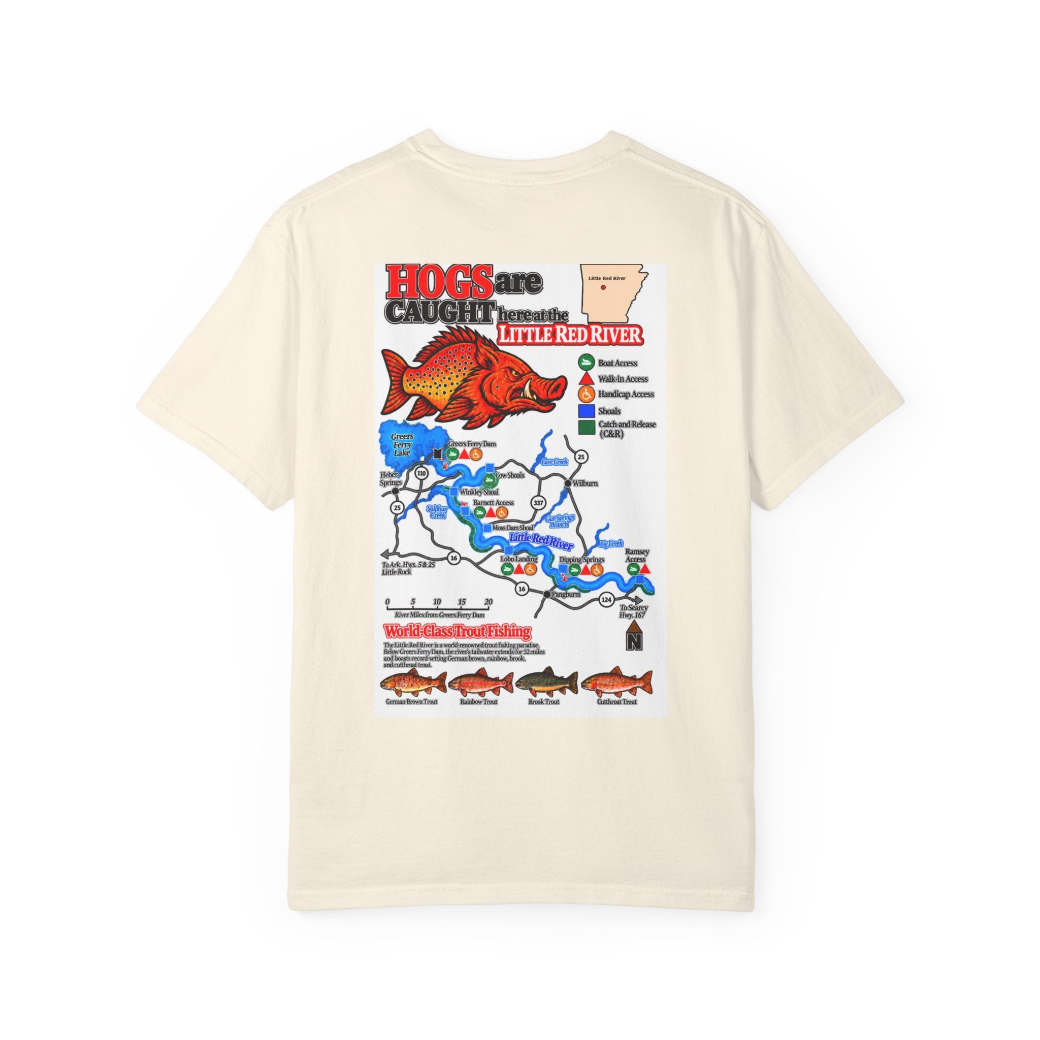 AFFCC Little Red River Arkansas Trout Map T-Shirt — 'Hogs Live Here' Fishing Guide Tee