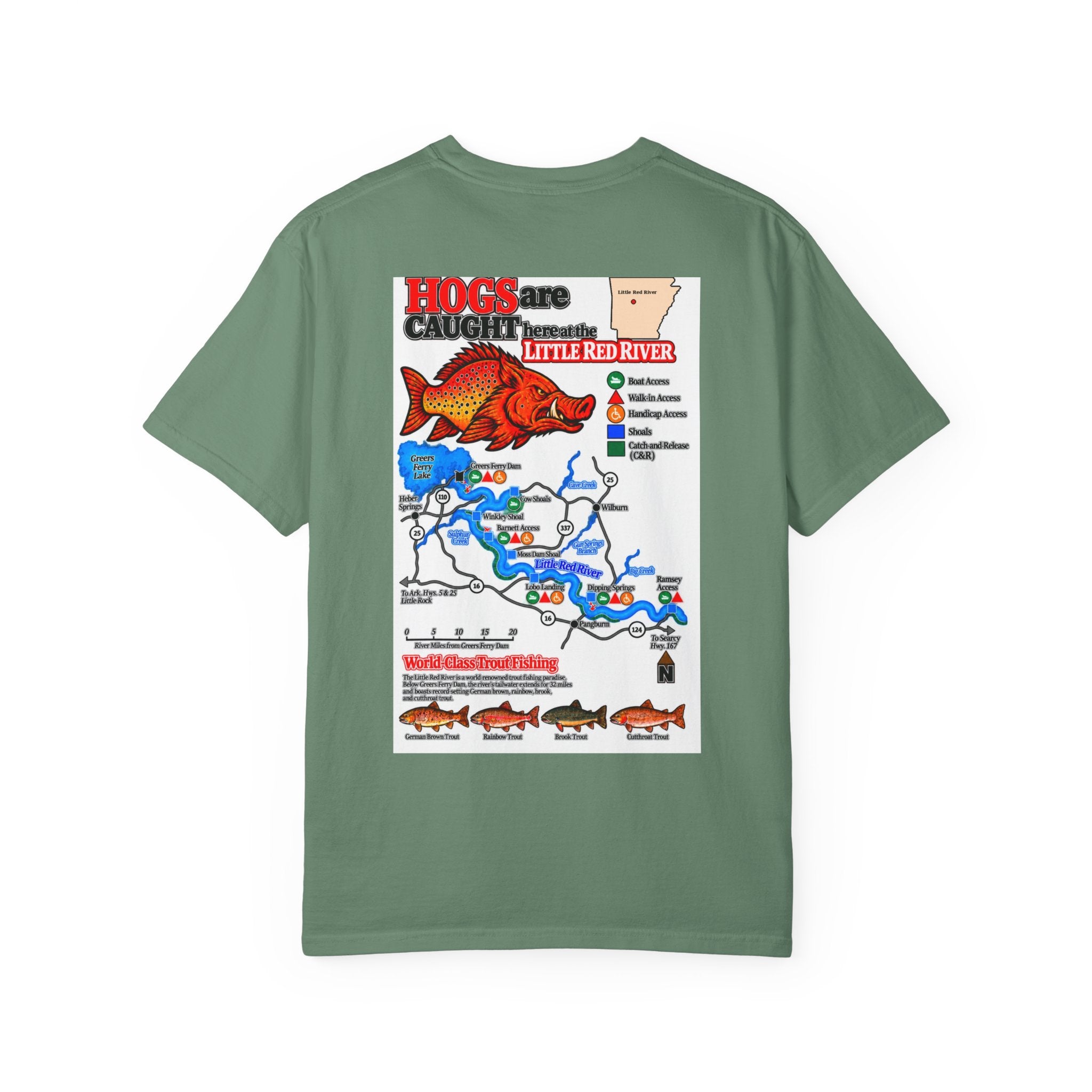 AFFCC Little Red River Arkansas Trout Map T-Shirt — 'Hogs Live Here' Fishing Guide Tee