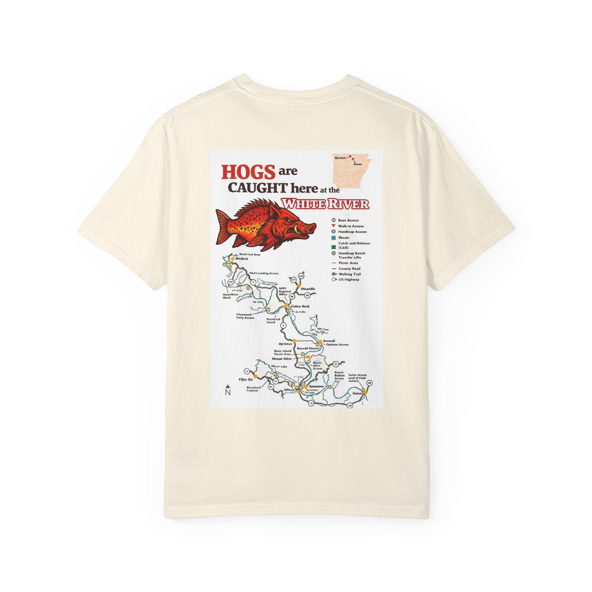 AFFCC White River Fishing Map T-Shirt — “Hogs Are Caught Here” Arkansas White River Trout Map