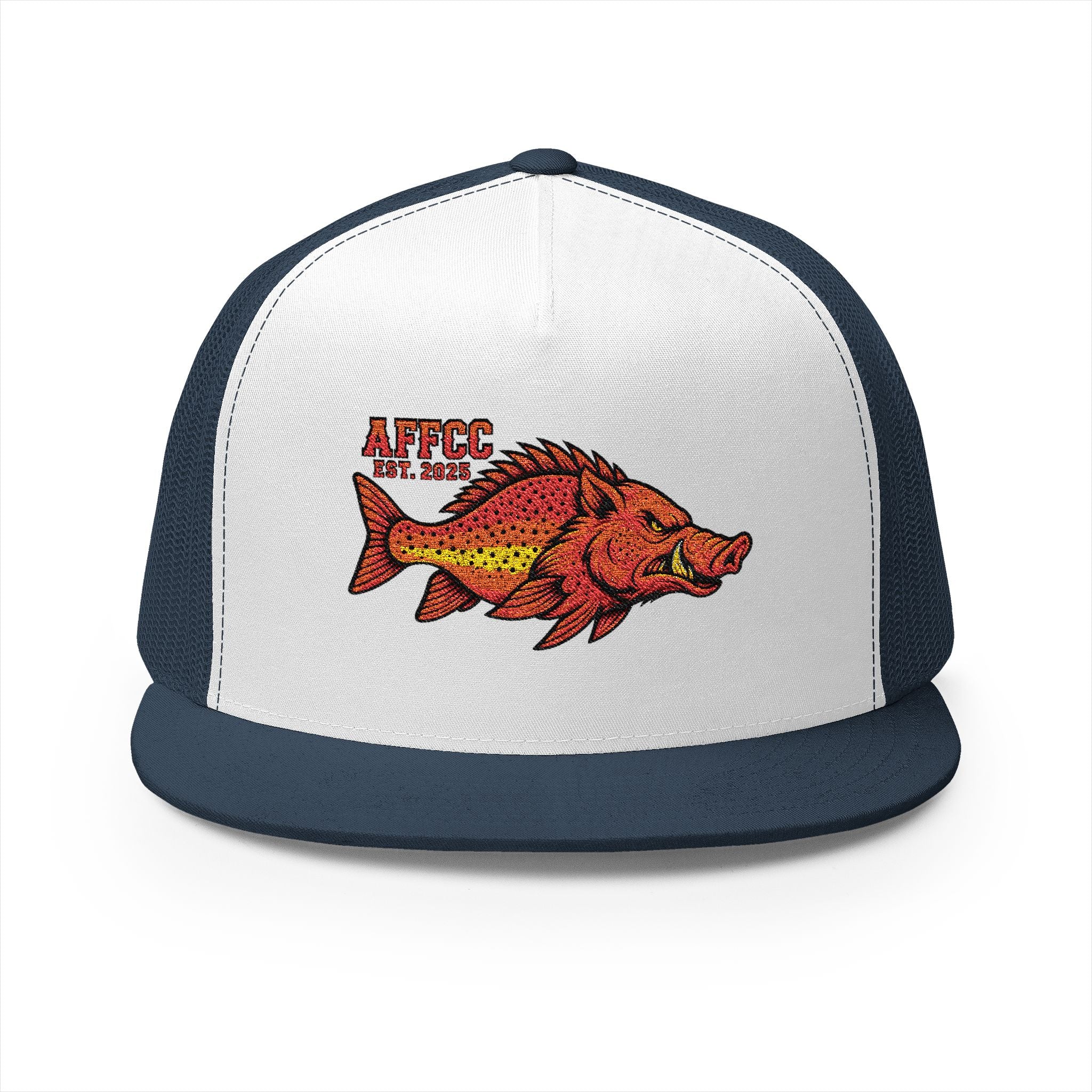 AFFCC Embroidered Hog/Trout Flat Bill Trucker Cap – Hot/Trout Logo Graphic Hat