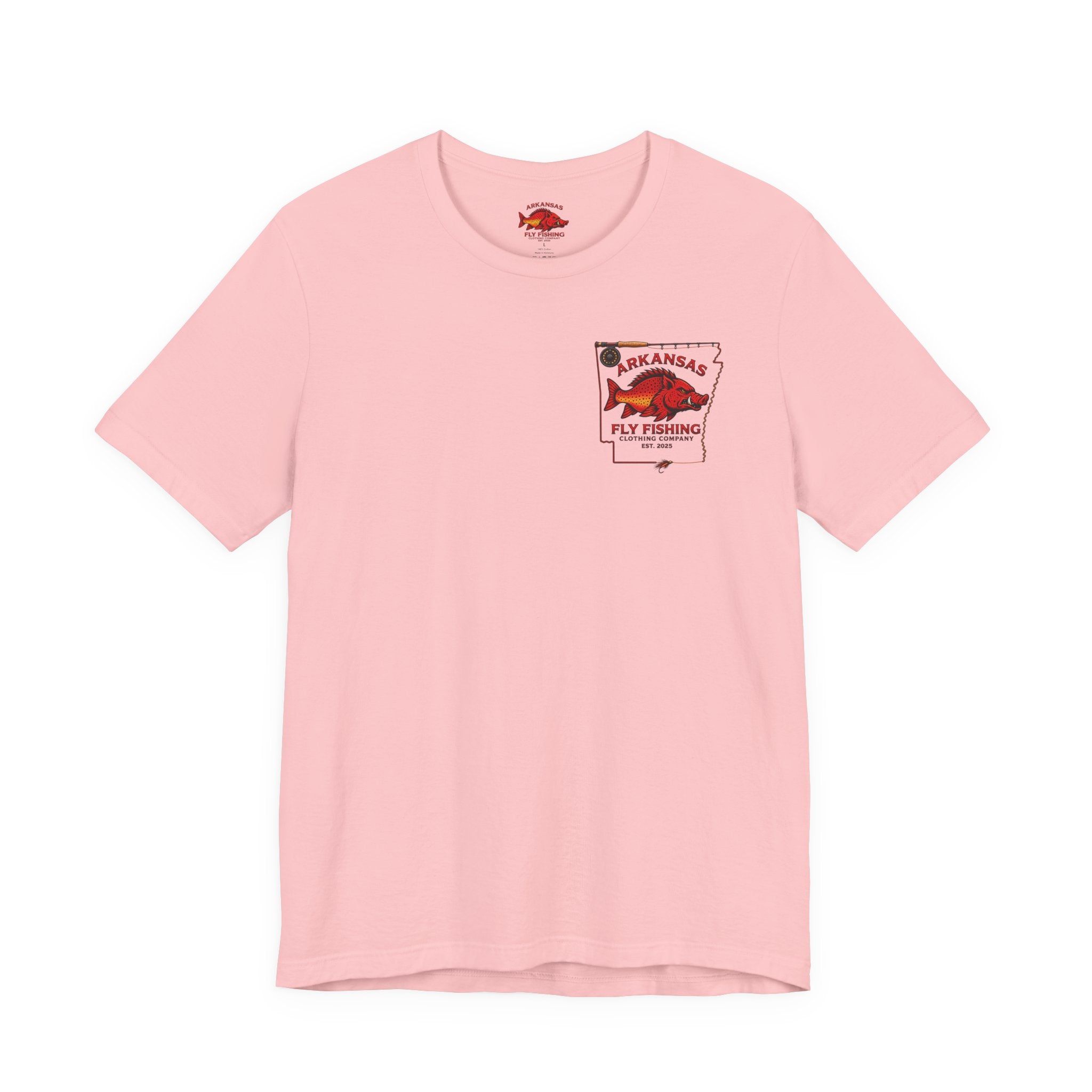 Athletic fit Runs Small Arkansas Fly Fishing Clothing Co. State outline Tee — Redfish State Map Pocket & Back Graphic