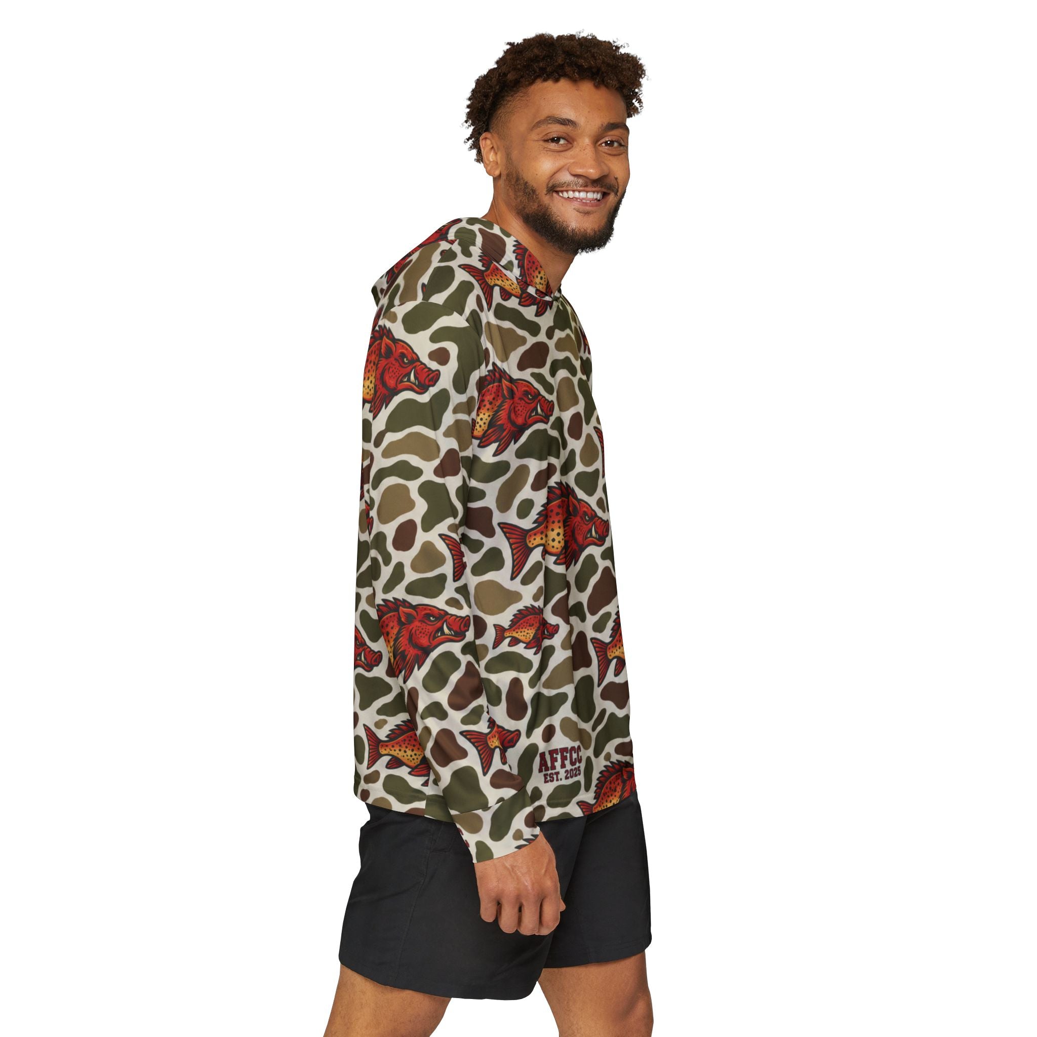 AFFCC EST. 2025 Camo All Sublimation Print Hoodie — Camouflage Fish Camo All-Over Print Sports Warmup Hoodie