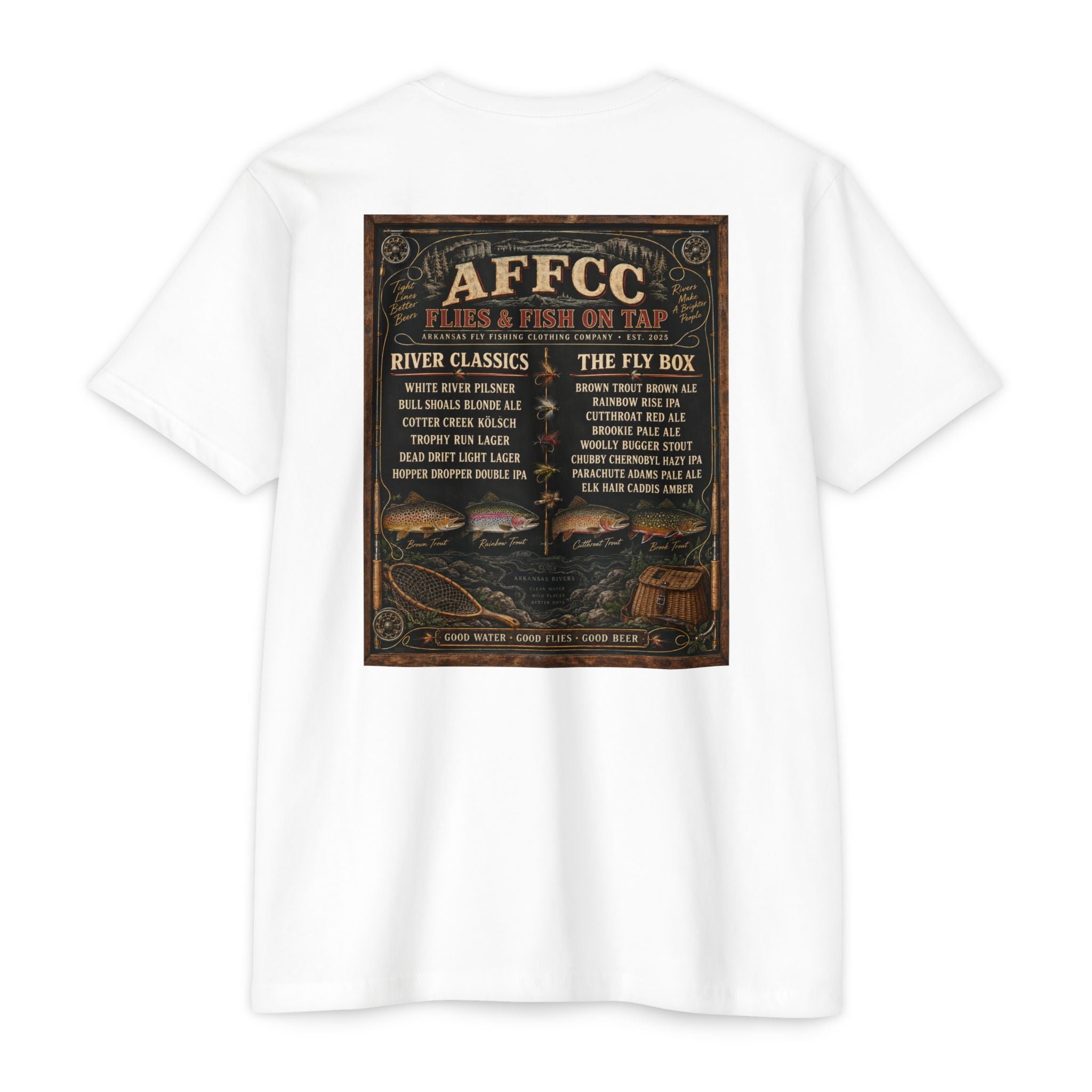 AFFCC Beer Menu Graphic T-Shirt — AFCCC 'Flies & Fish on Tap' Pocket & Back Print