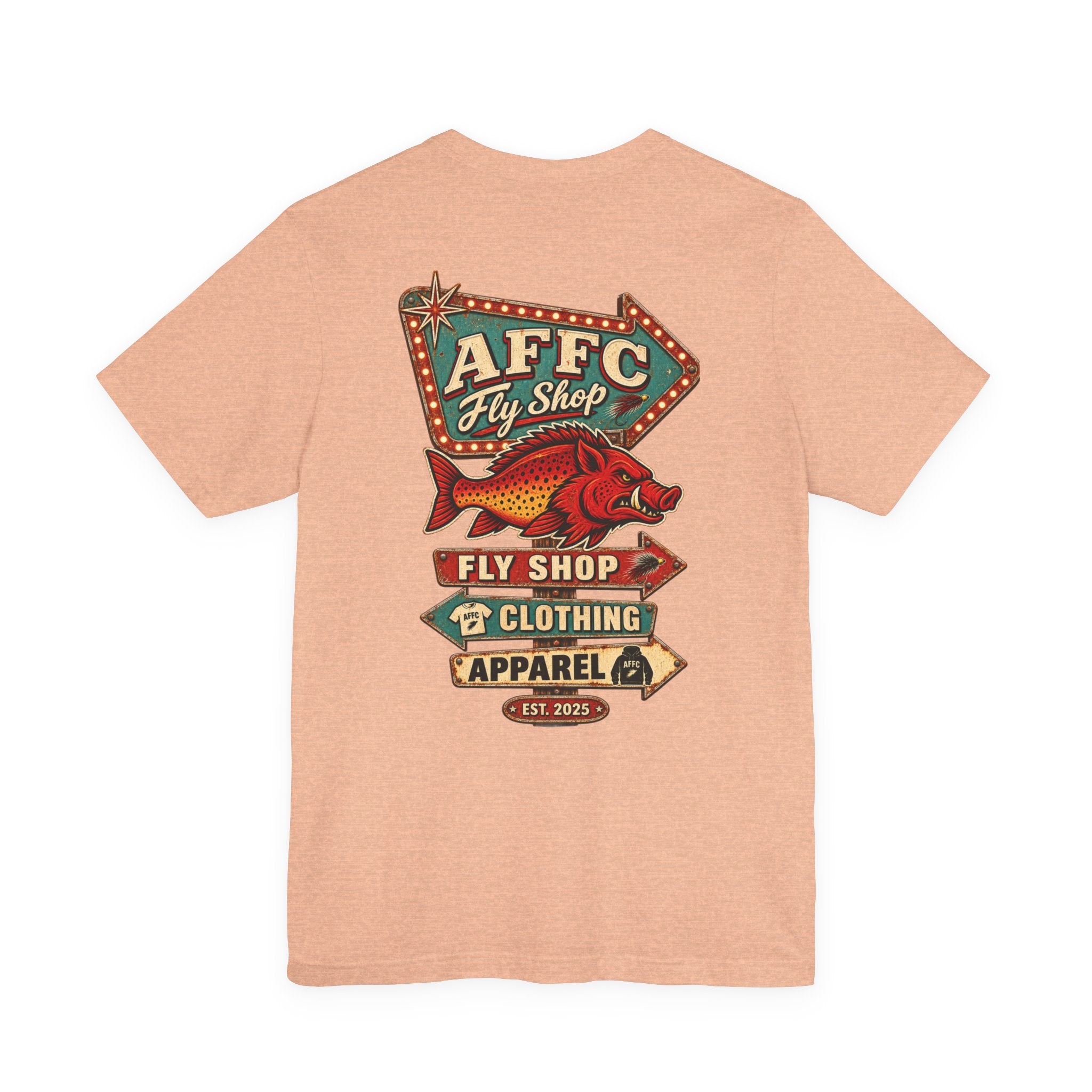 Athletic Fit Runs Small AFFCC Fly Shop T-Shirt — Retro Fish Sign Graphic Tee (AFFC Fly Shop)