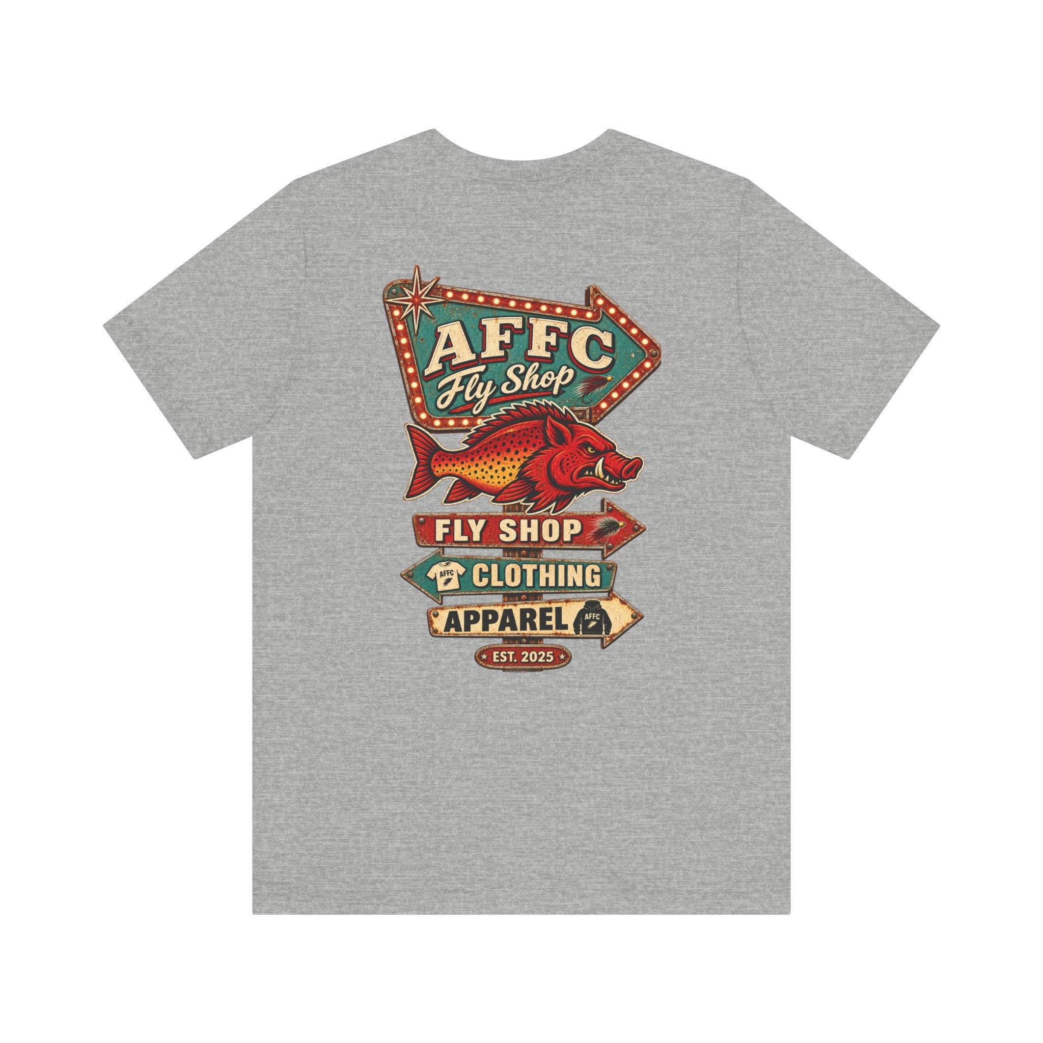 Athletic Fit Runs Small AFFCC Fly Shop T-Shirt — Retro Fish Sign Graphic Tee (AFFC Fly Shop)