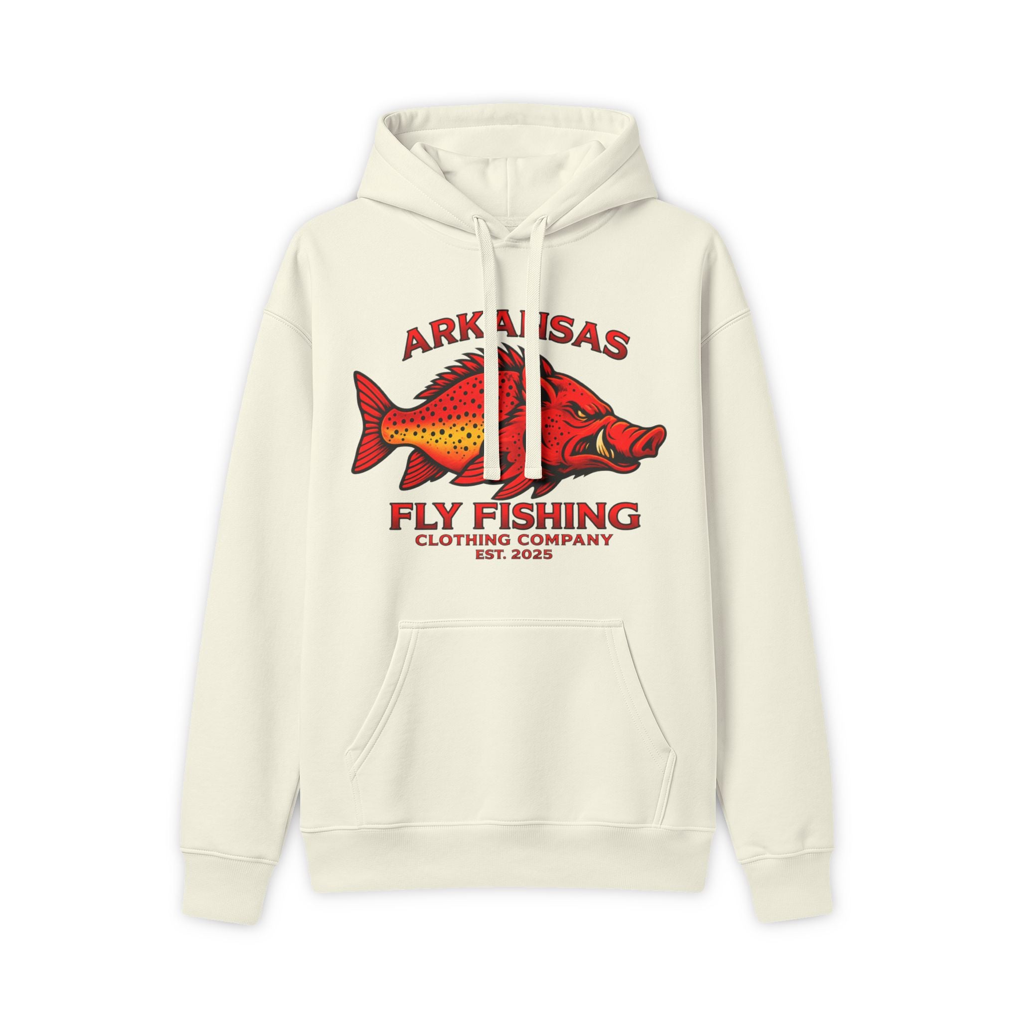 Arkansas Fly Fishing Clothing Company Premium Hooded Sweatshirt – Red Hog/Trout Graphic