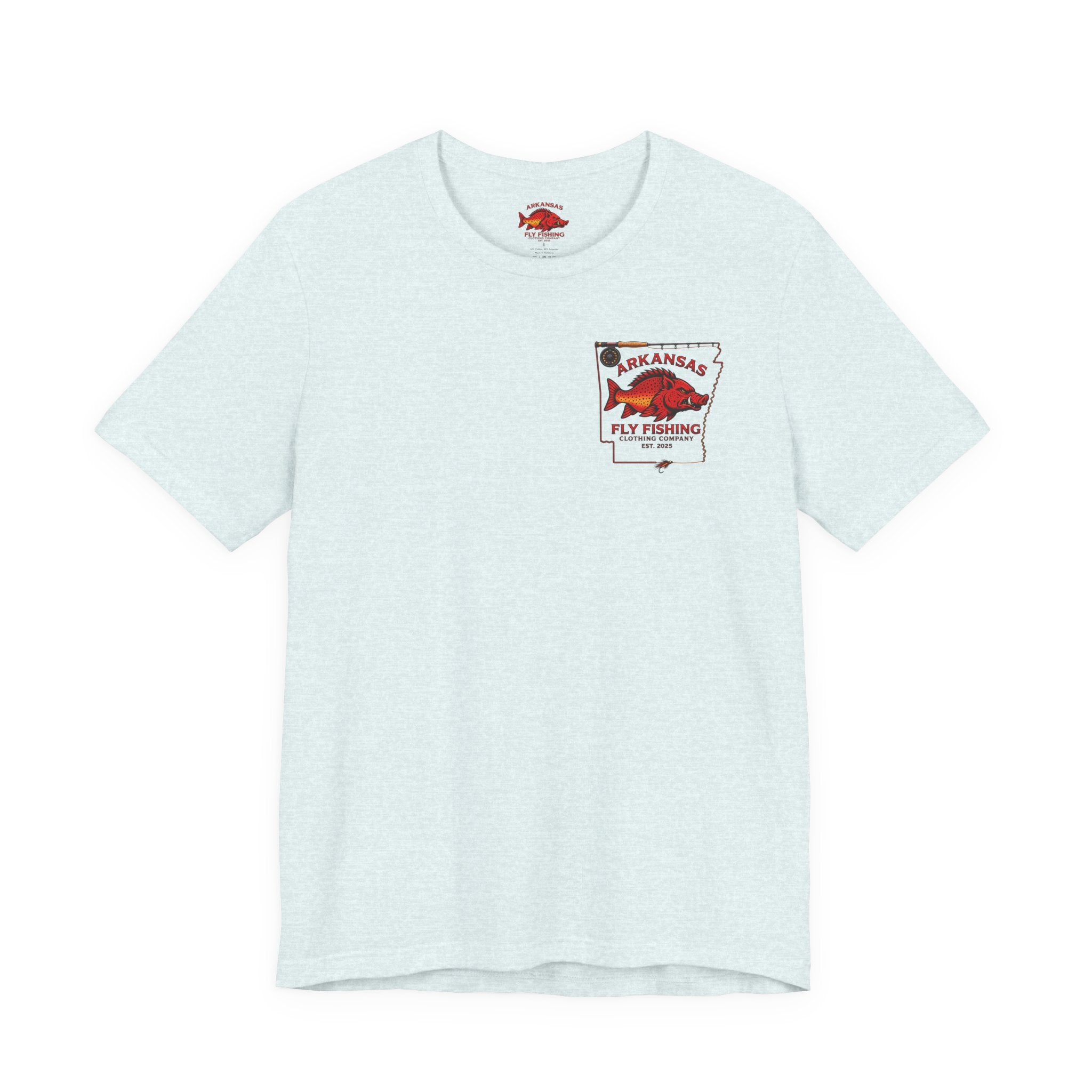 Athletic fit Runs Small Arkansas Fly Fishing Clothing Co. State outline Tee — Redfish State Map Pocket & Back Graphic
