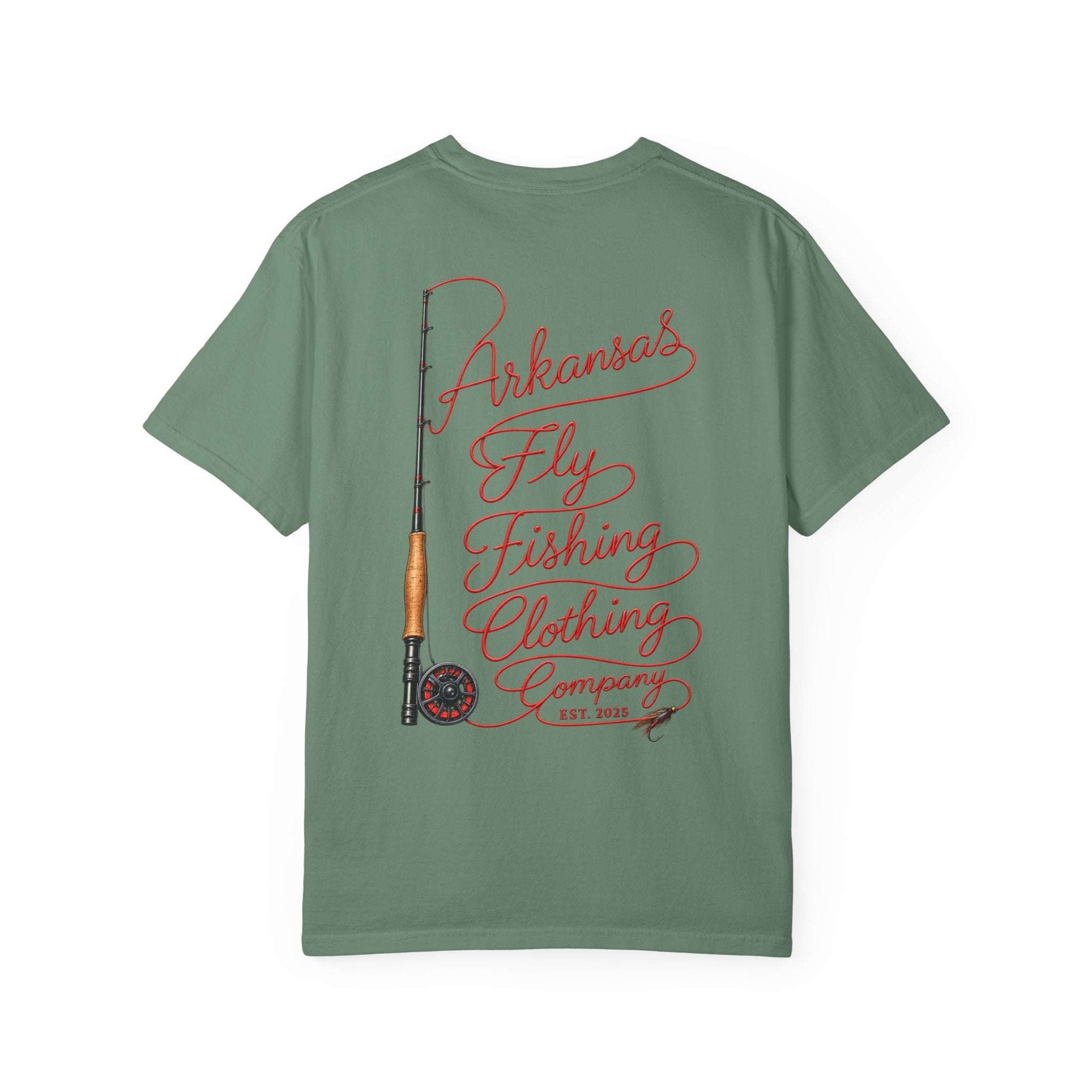 Arkansas Fly Fishing Clothing Company T-Shirt | Fly Rod Script Back Print