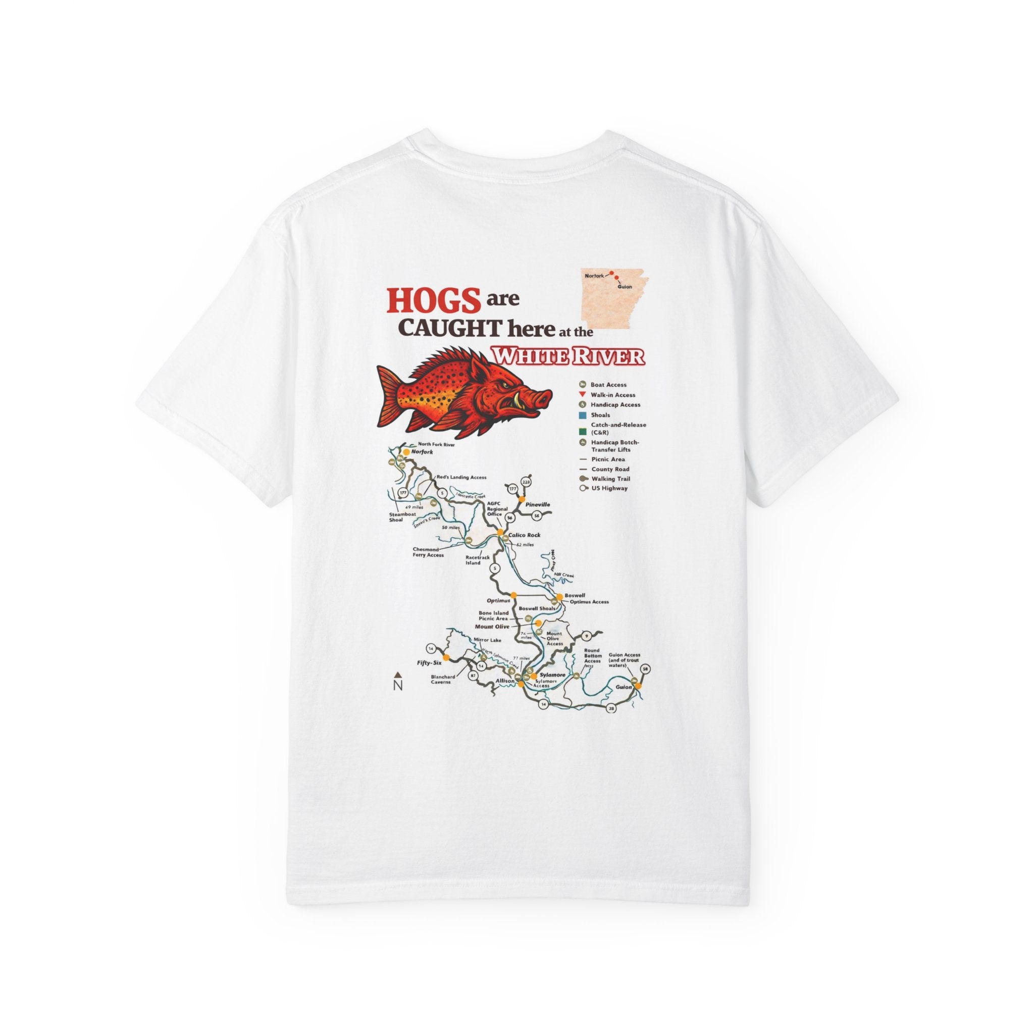 AFFCC White River Fishing Map T-Shirt — “Hogs Are Caught Here” Arkansas White River Trout Map