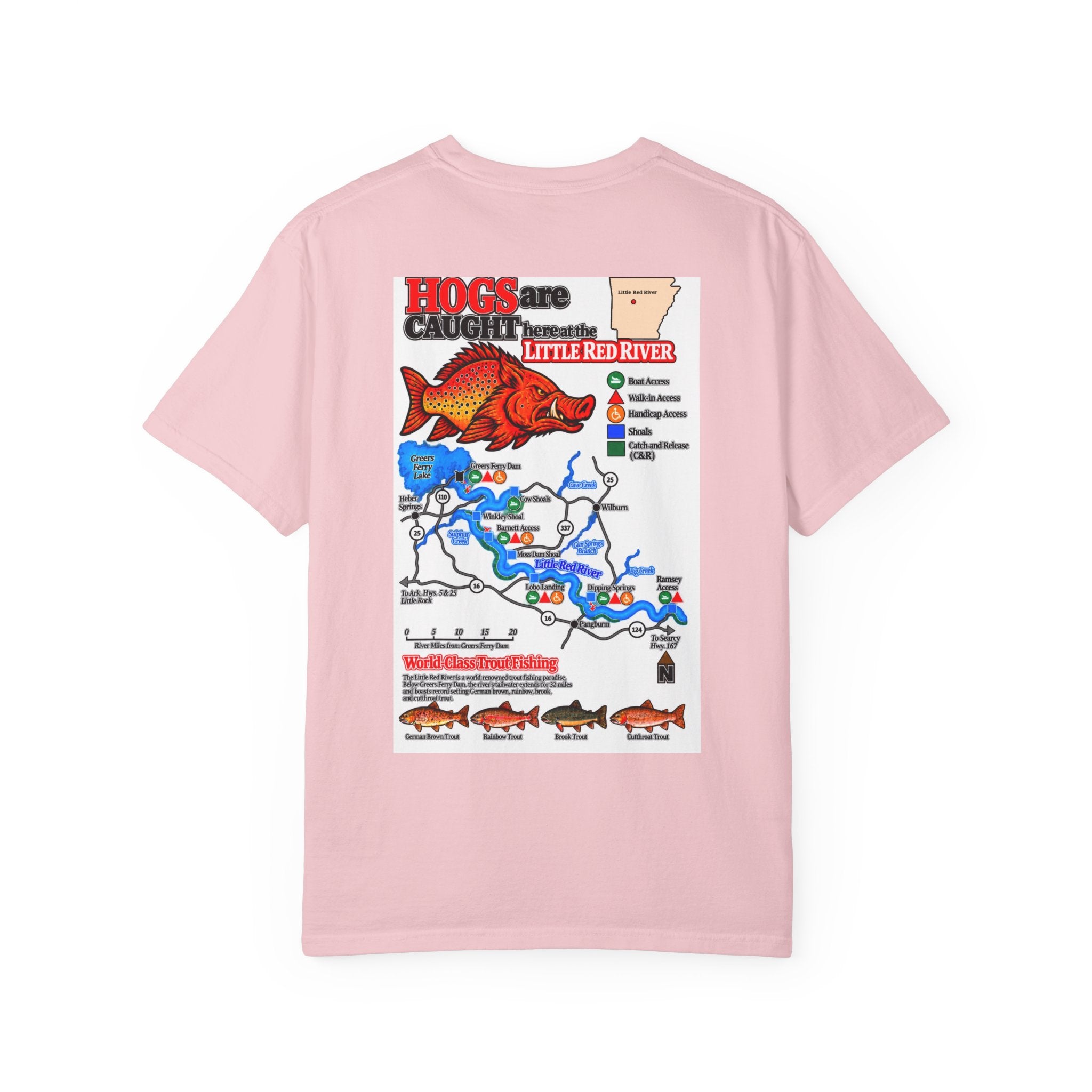 AFFCC Little Red River Arkansas Trout Map T-Shirt — 'Hogs Live Here' Fishing Guide Tee