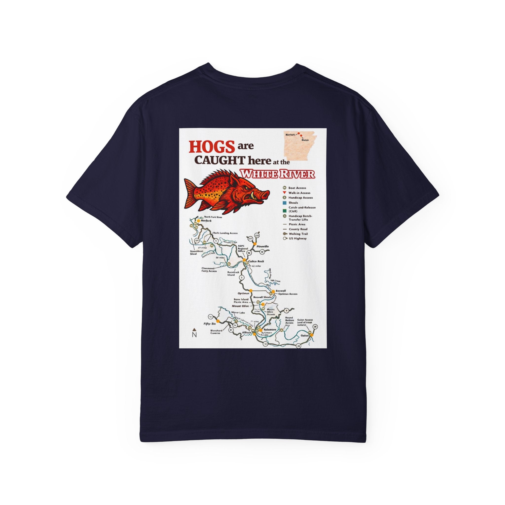 AFFCC White River Fishing Map T-Shirt — “Hogs Are Caught Here” Arkansas White River Trout Map