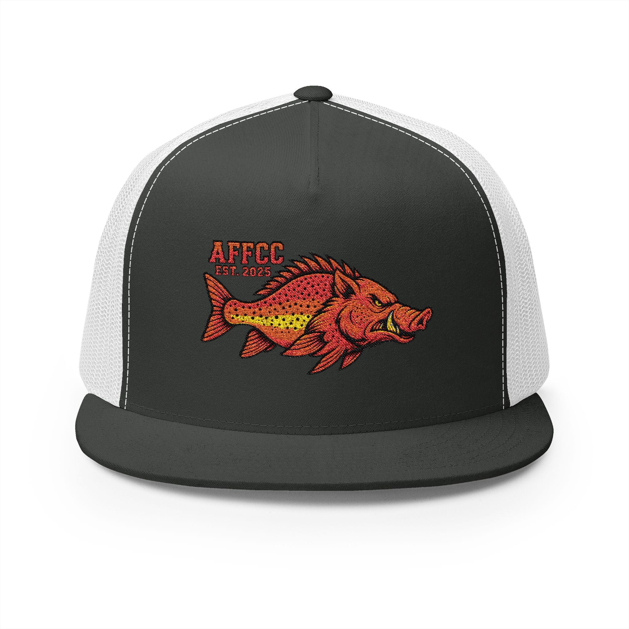 AFFCC Embroidered Hog/Trout Flat Bill Trucker Cap – Hot/Trout Logo Graphic Hat