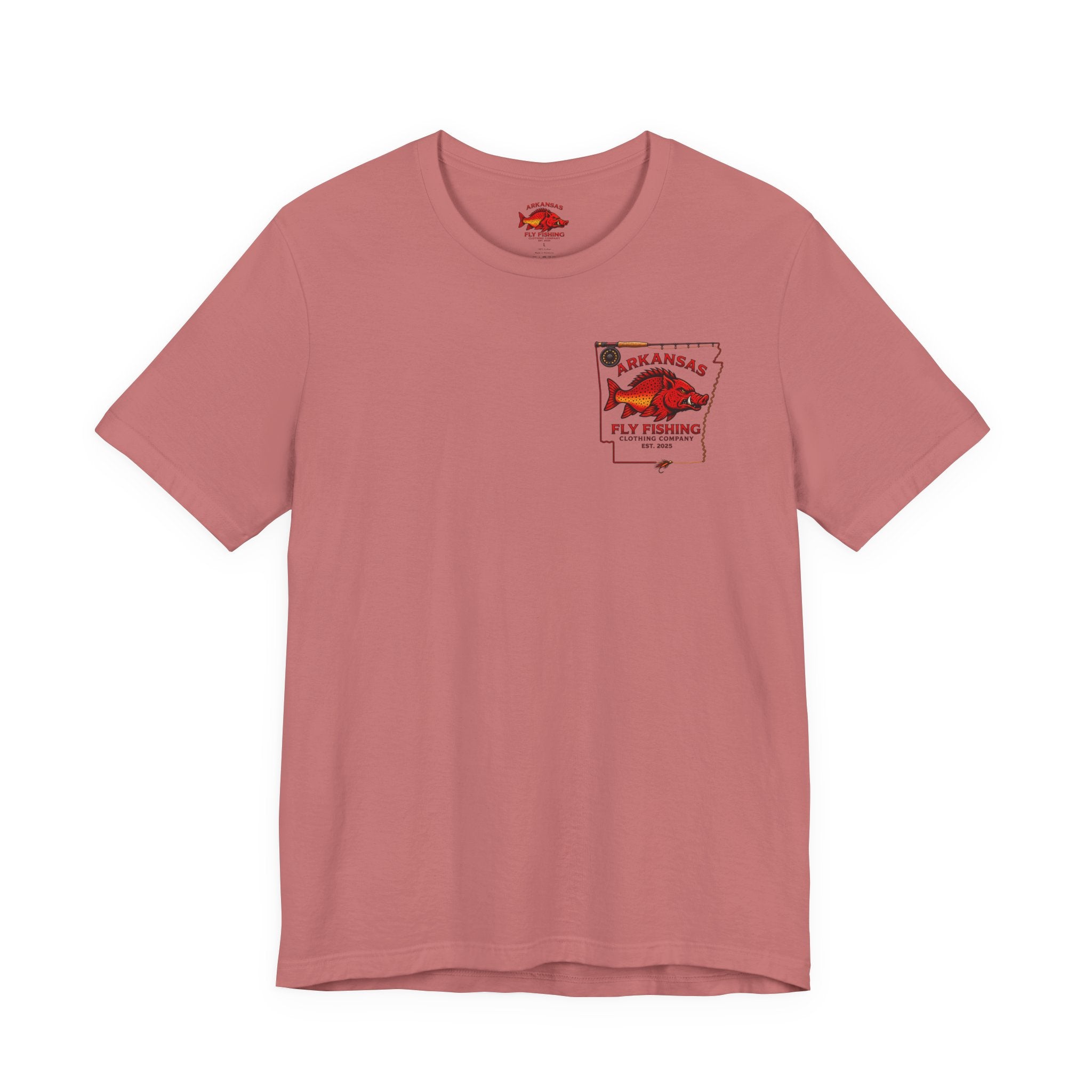 Athletic fit Runs Small Arkansas Fly Fishing Clothing Co. State outline Tee — Redfish State Map Pocket & Back Graphic