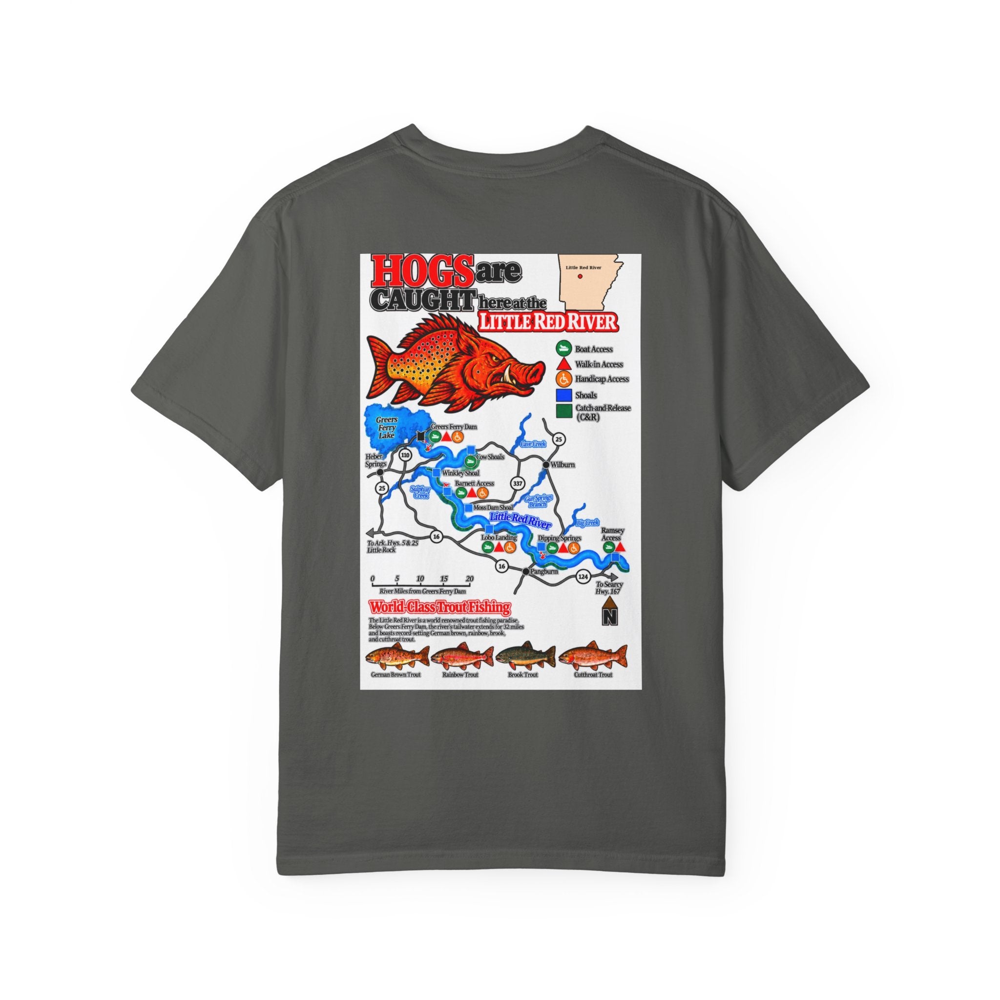 AFFCC Little Red River Arkansas Trout Map T-Shirt — 'Hogs Live Here' Fishing Guide Tee