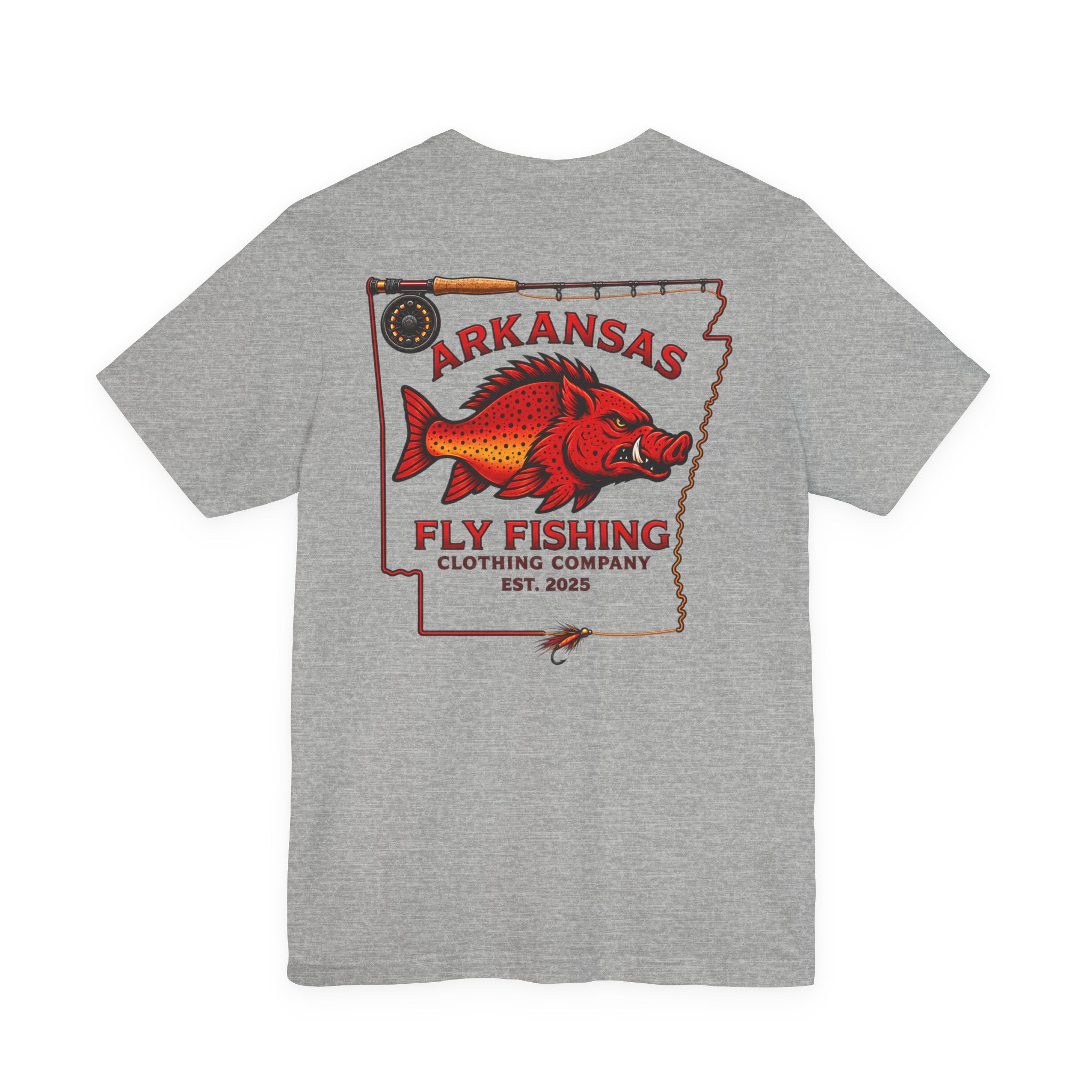 Athletic fit Runs Small Arkansas Fly Fishing Clothing Co. State outline Tee — Redfish State Map Pocket & Back Graphic