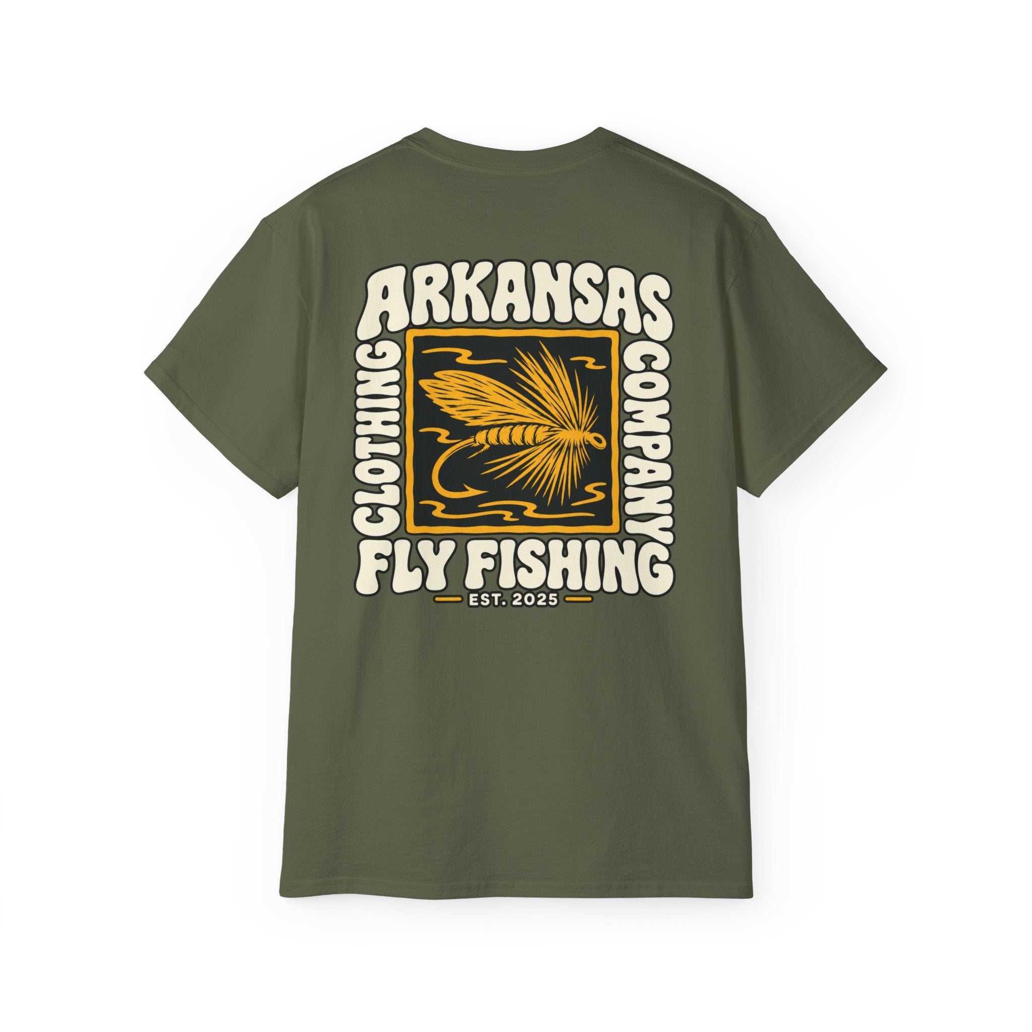 Arkansas Fly Fishing Clothing Company Square Graphic T-Shirt — Arkansas Clothing Company Vintage Fly Design