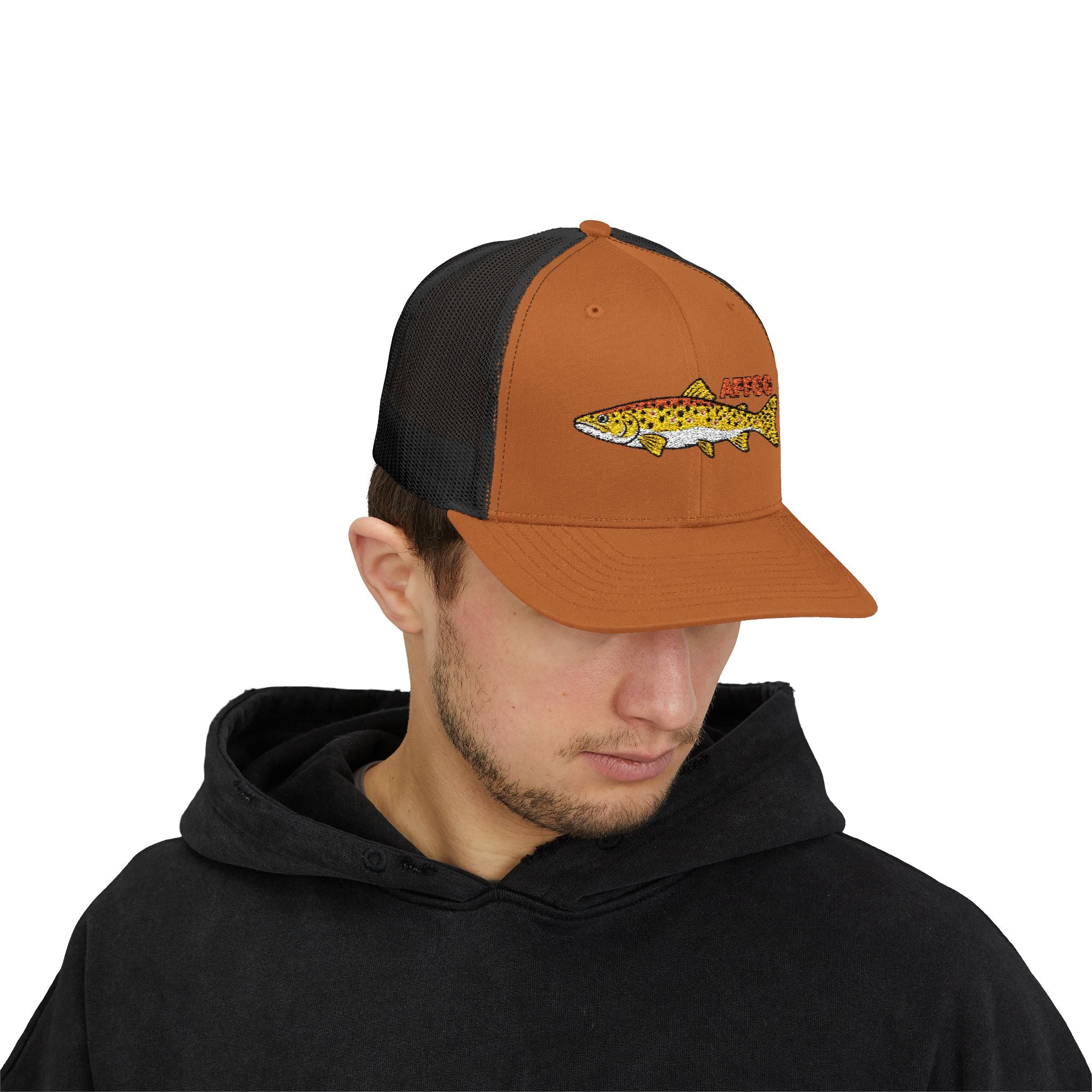 AFFCC Brown Trout Embroidered Trucker Hat – Embroidered Brown Trout ‘AFFCC’ Fishing Hat