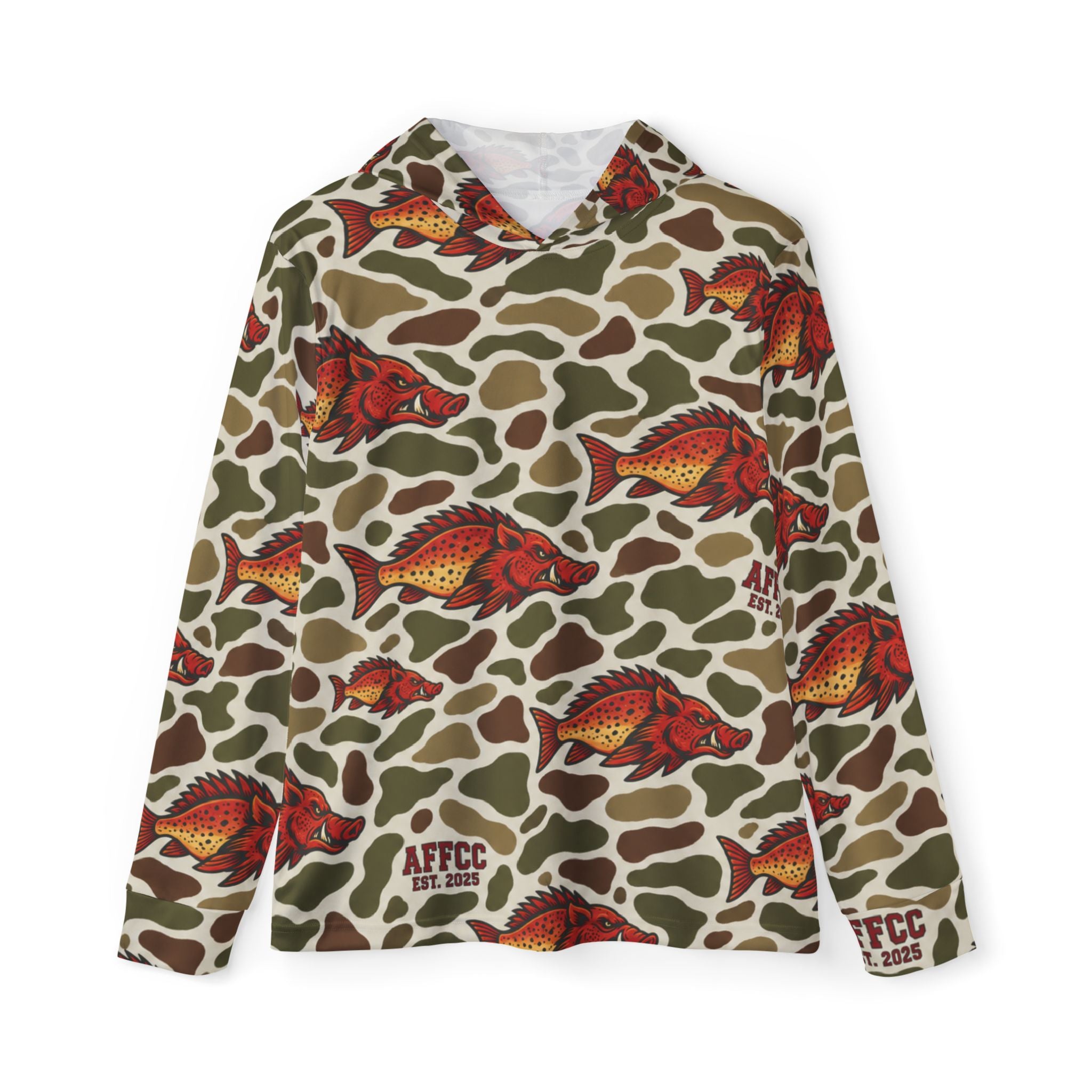 AFFCC EST. 2025 Camo All Sublimation Print Hoodie — Camouflage Fish Camo All-Over Print Sports Warmup Hoodie